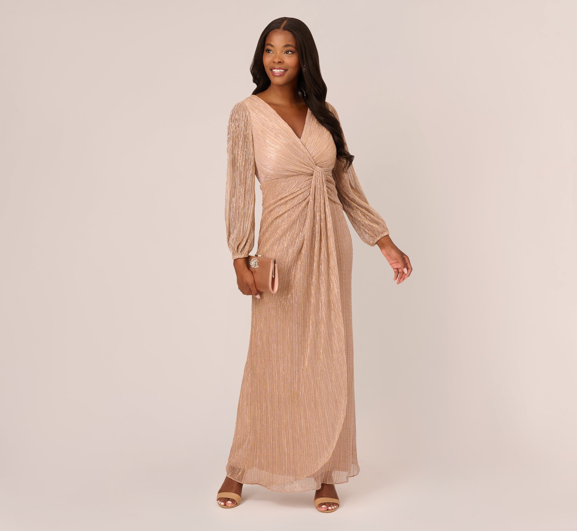 Light Gold Metallic Crinkled Mesh Draped Long Gown - Adrianna Papell Light Gold Metallic Crinkled Mesh Draped Long Gown - Adrianna Papell