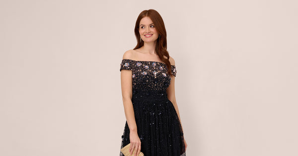 Off The Shoulder Ankle-Length Beaded Dress With Sequin Rosettes In