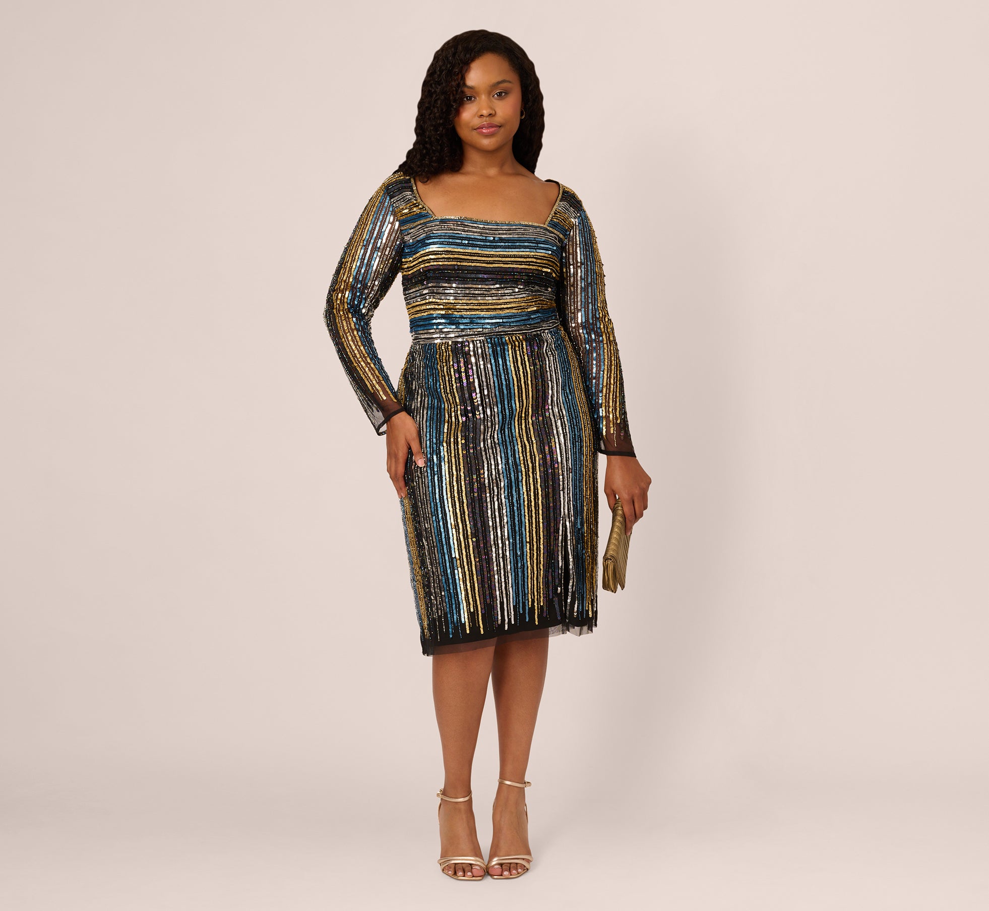 Plus Size Sequin Beaded Sheath Dress With Sheer Long Sleeves In