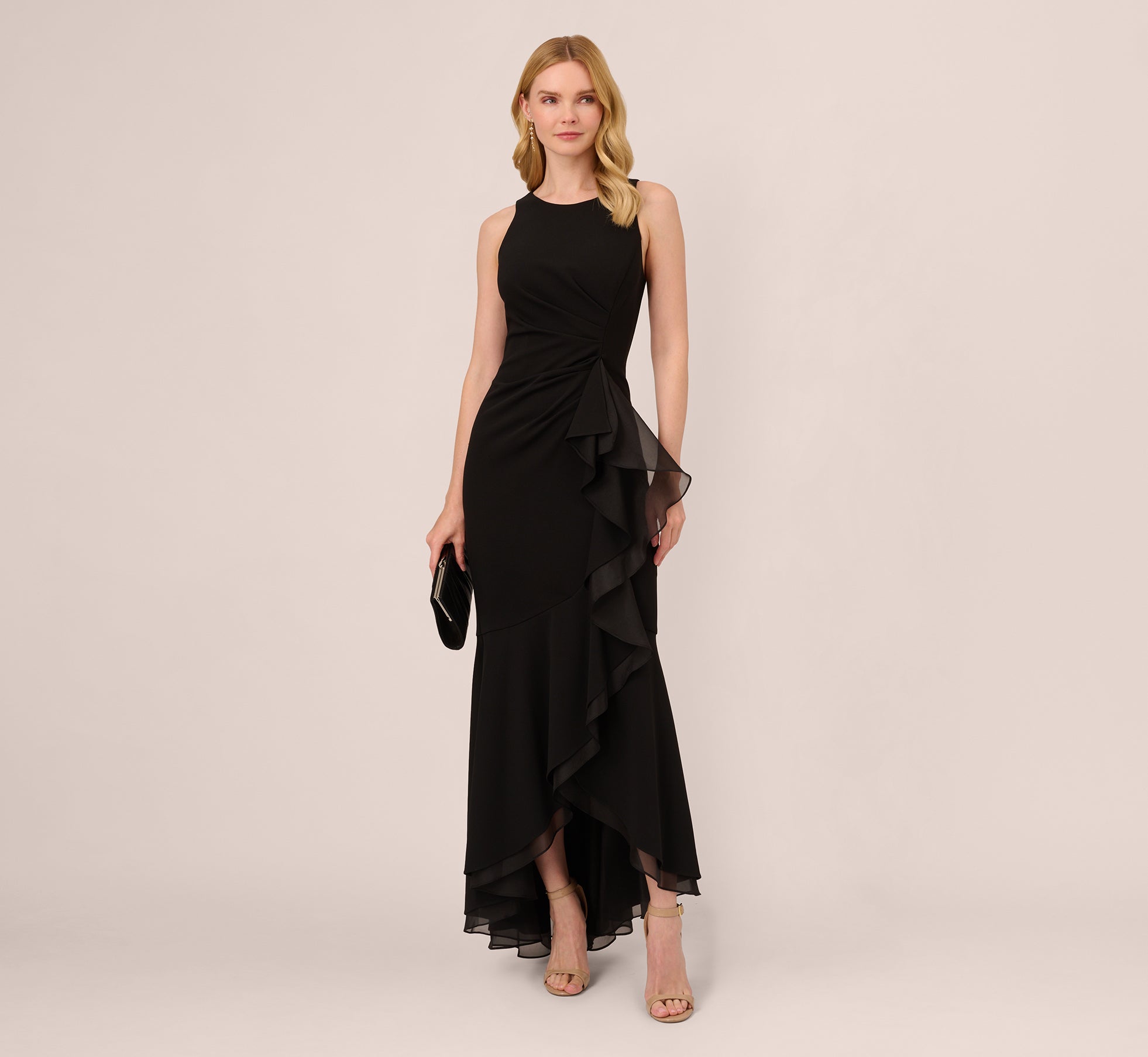 Adrianna Papell High-Low Crepe Halter Gown With Organza Draping - Black Adrianna Papell High-Low Crepe Halter Gown With Organza Draping - Black