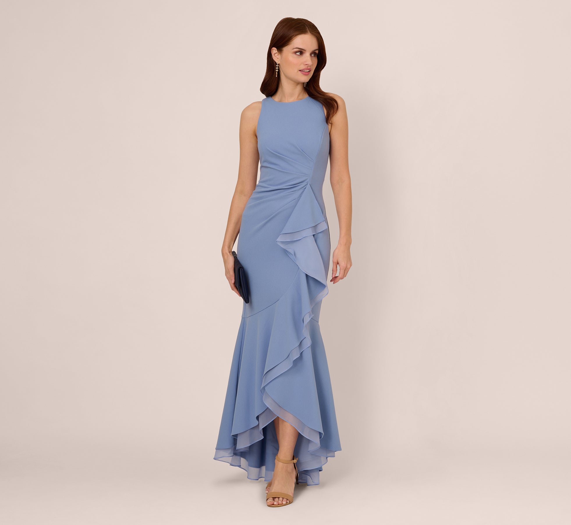 French Blue High Low Crepe Halter Gown With Organza Draping - Adrianna Papell French Blue High Low Crepe Halter Gown With Organza Draping - Adrianna Papell