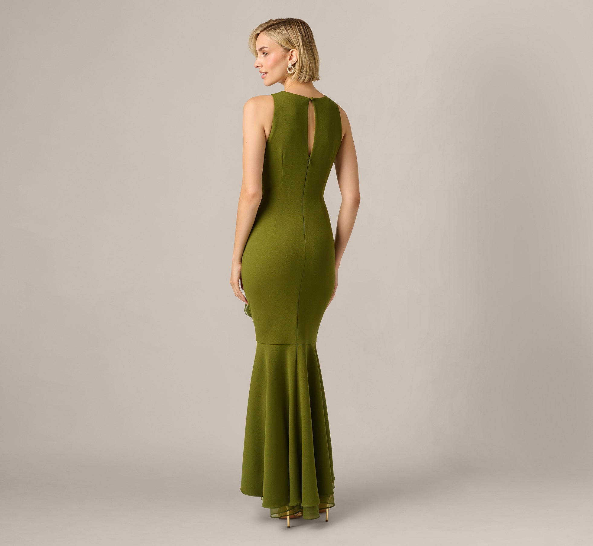 papell evening dresses Adrianna Women's Sleeveless Ruffled High-Low Gown - Jungle Olive inspired beading and a recently_added_2025-08-07 Elegant Beaded Gown With Size:8-S