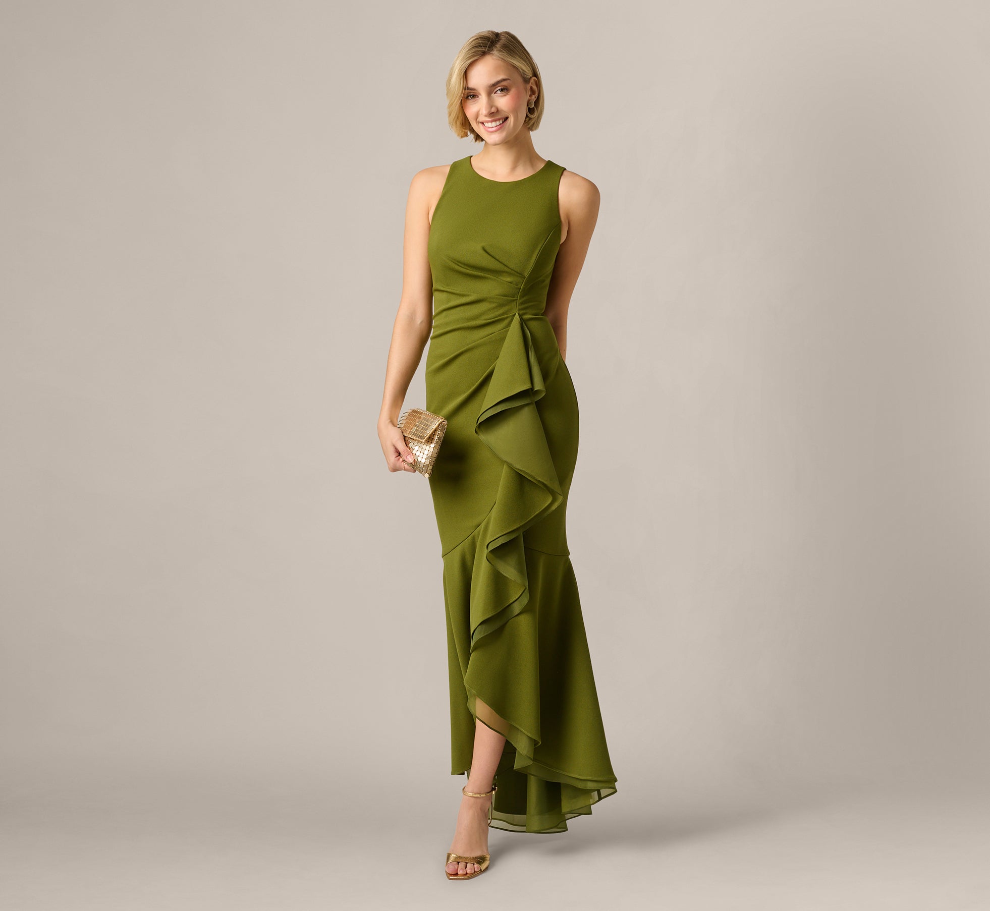 High Low Crepe Halter Gown With Organza Draping In Jungle Olive, Jungle Olive / Regular / 20 High Low Crepe Halter Gown With Organza Draping In Jungle Olive, Jungle Olive / Regular / 20