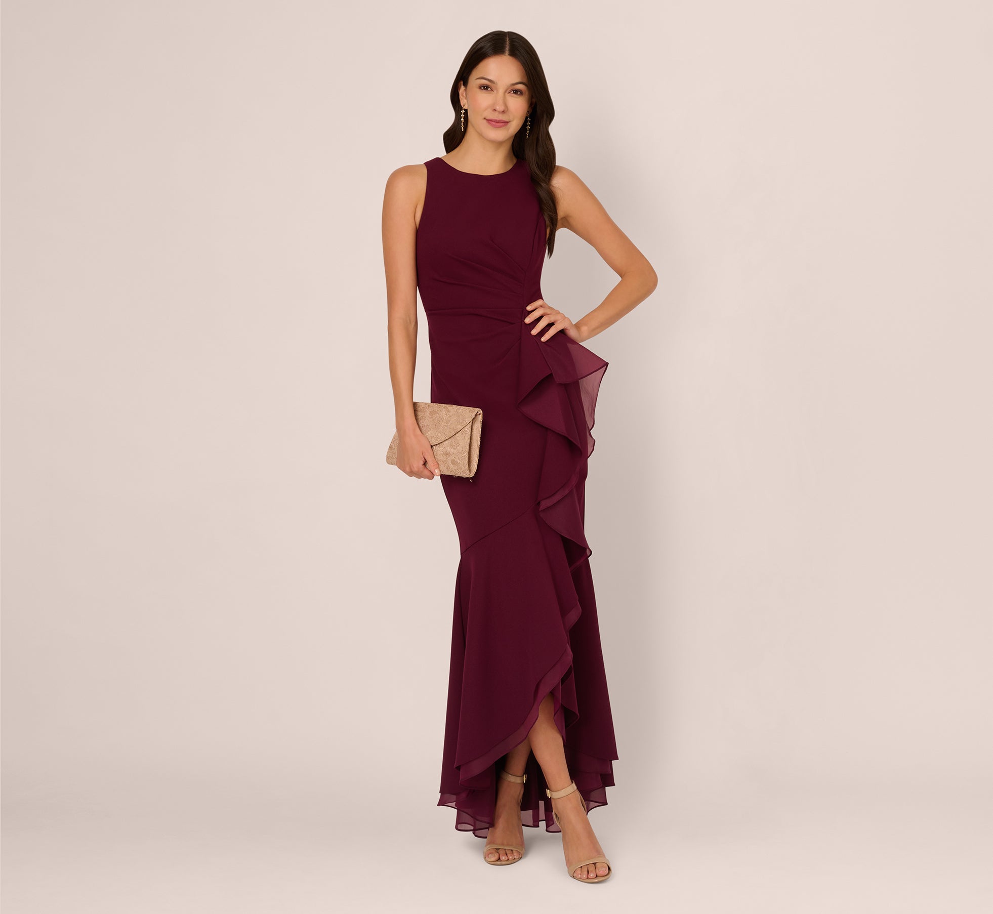 Burgandy High Low Crepe Halter Gown With Organza Draping - Adrianna Papell Burgandy High Low Crepe Halter Gown With Organza Draping - Adrianna Papell