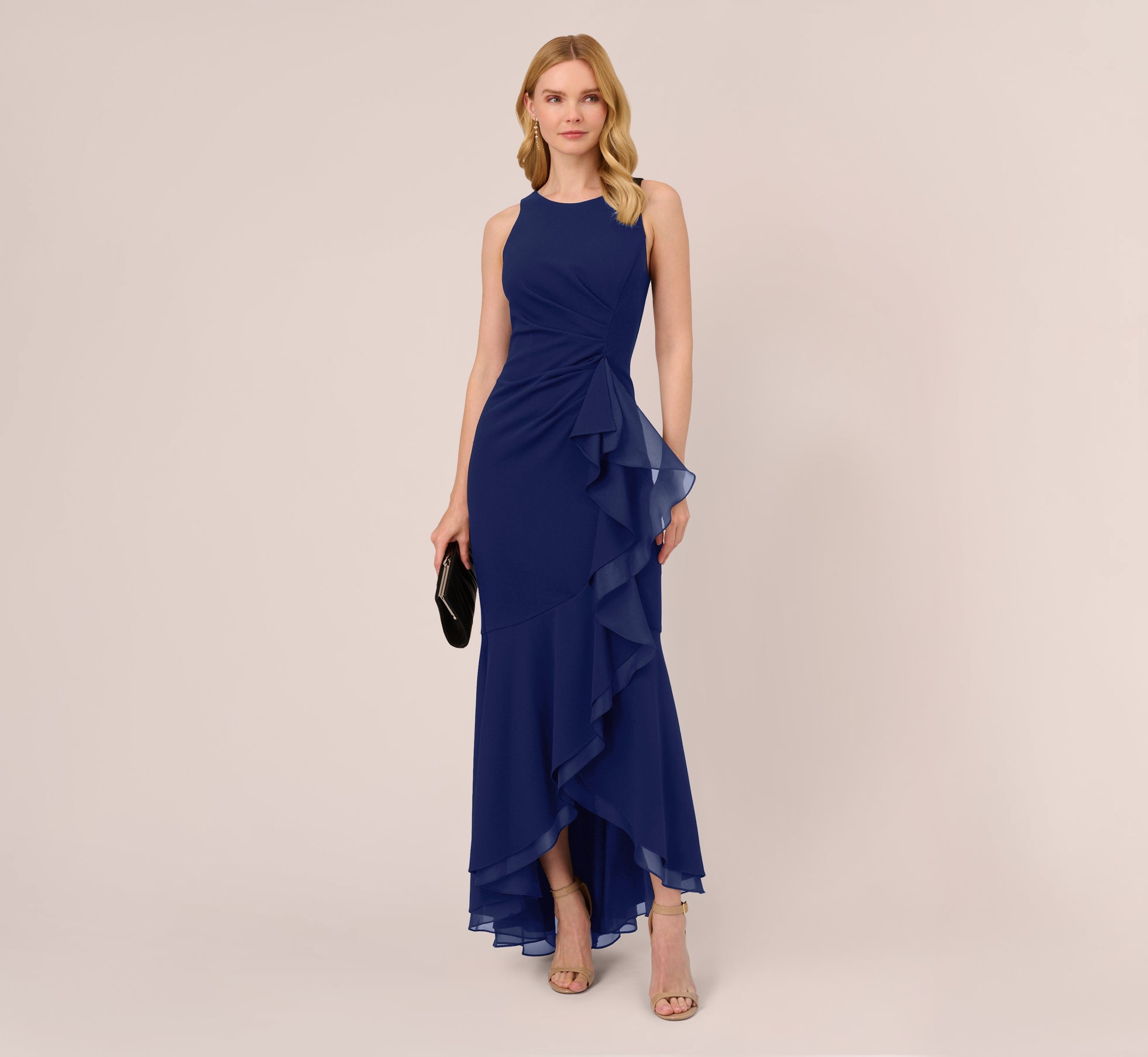 Navy High Low Crepe Halter Gown With Organza Draping - Adrianna Papell Navy High Low Crepe Halter Gown With Organza Draping - Adrianna Papell