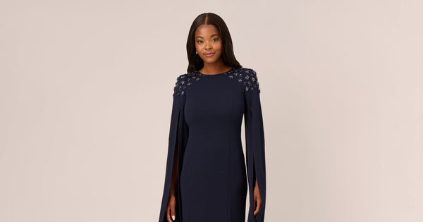 Crepe Mermaid Gown With Beaded Cape Sleeves In Midnight