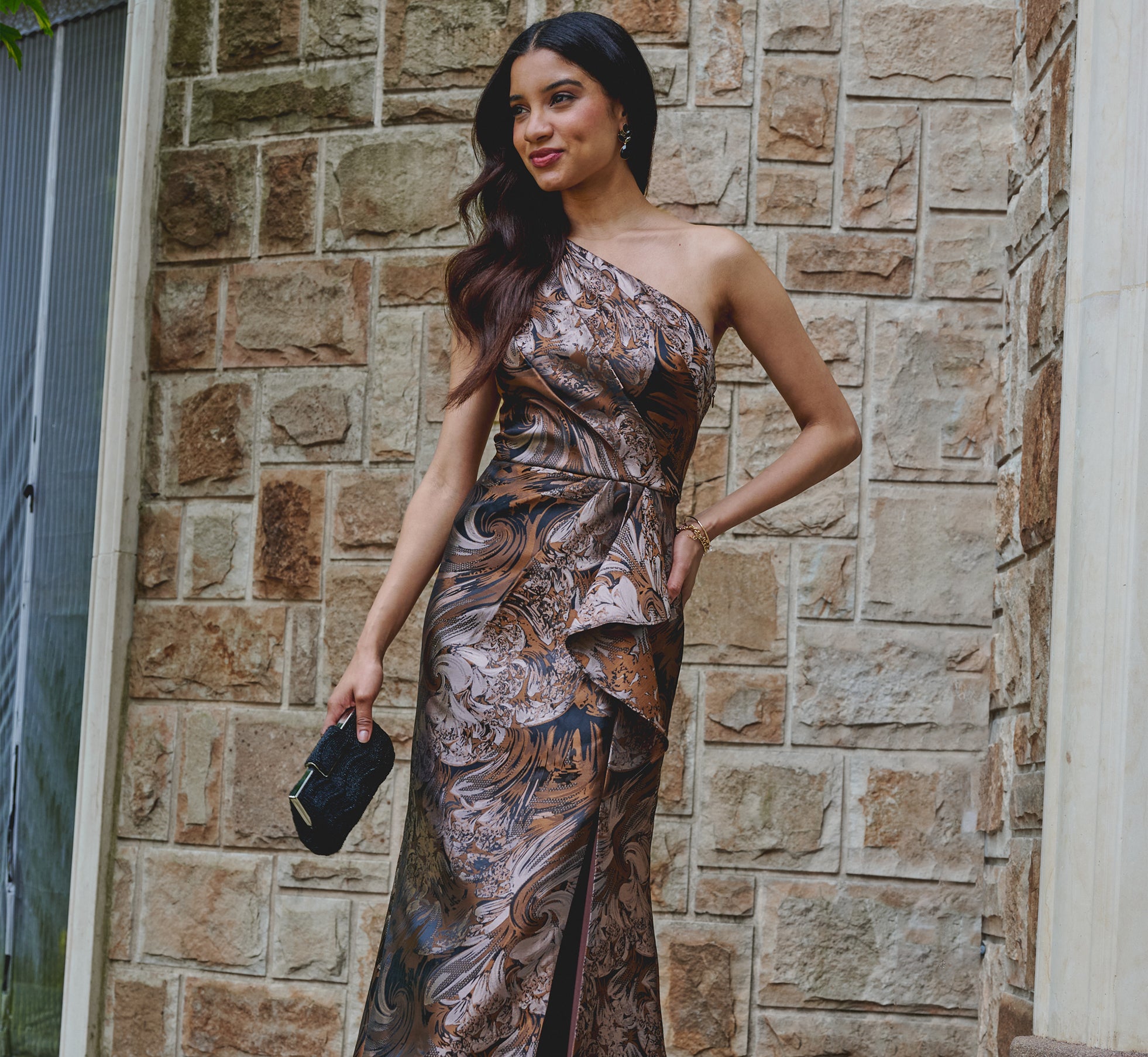 One Shoulder Jacquard Mermaid Gown With Drape Detail In Copper Chocolate One Shoulder Jacquard Mermaid Gown With Drape Detail In Copper Chocolate
