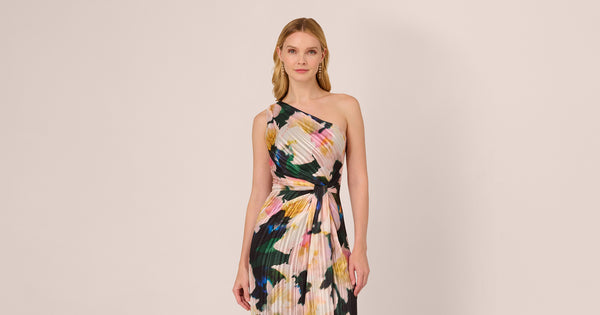 One Shoulder Flower Attached Chiffon Gown with Pockets Emerald Plus Size