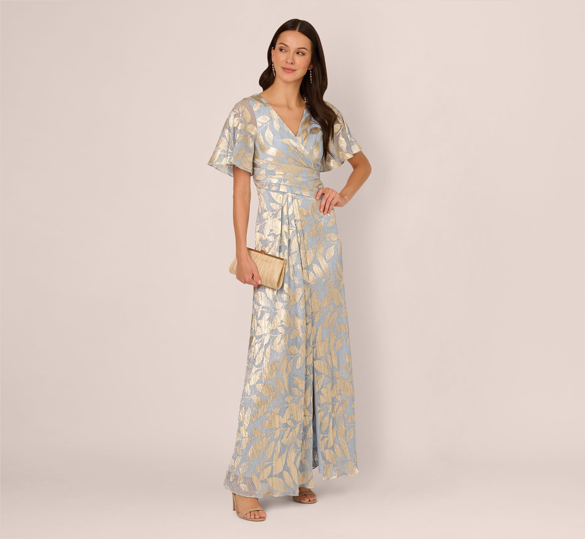Adrianna Papell Foil Leaf Short Sleeve Gown with Draped Details - Light Blue/Gold Adrianna Papell Foil Leaf Short Sleeve Gown with Draped Details - Light Blue/Gold