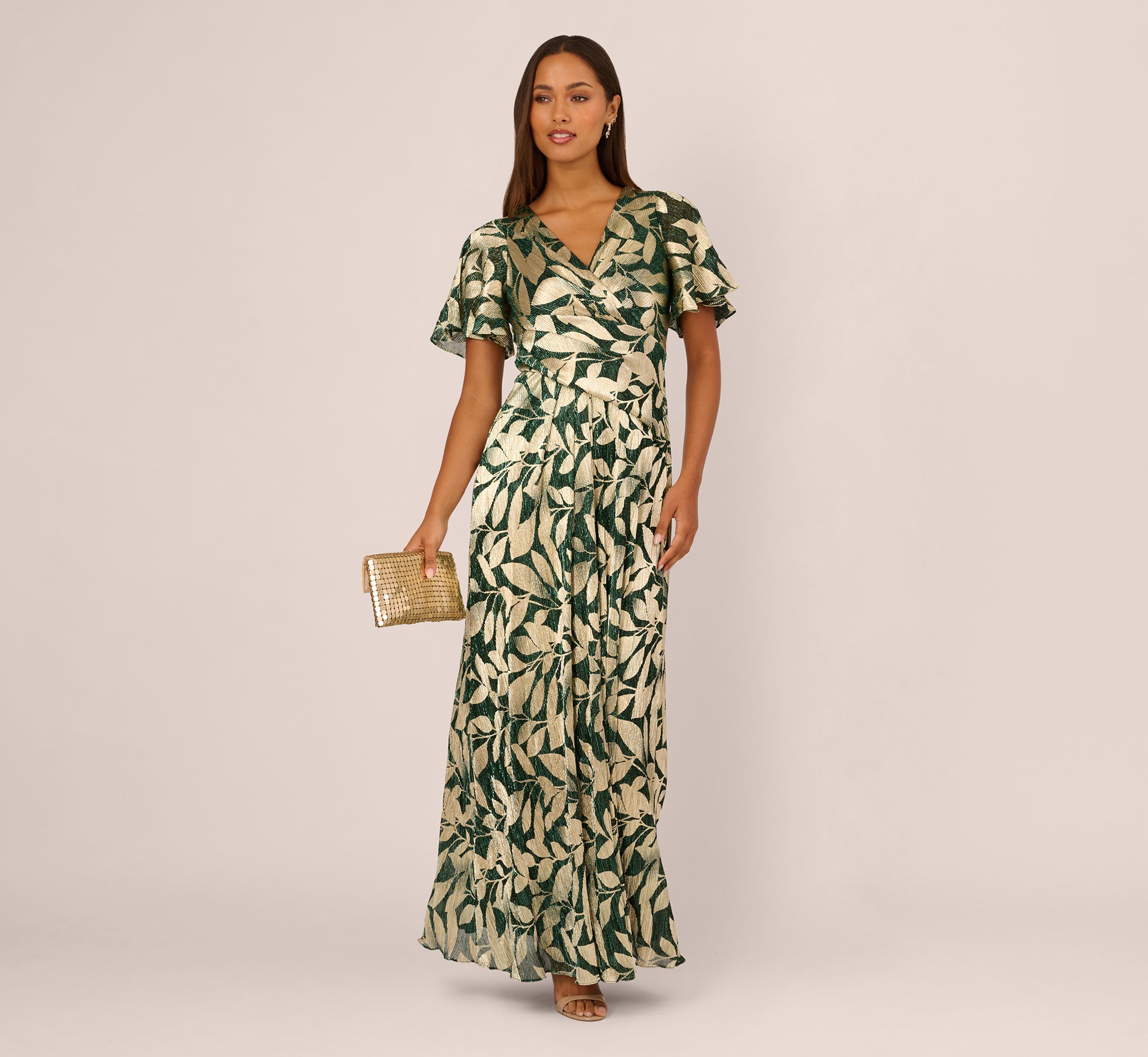 Foil Leaf Short Sleeve Gown with Draped Details in Green Pine Gold Foil Leaf Short Sleeve Gown with Draped Details in Green Pine Gold