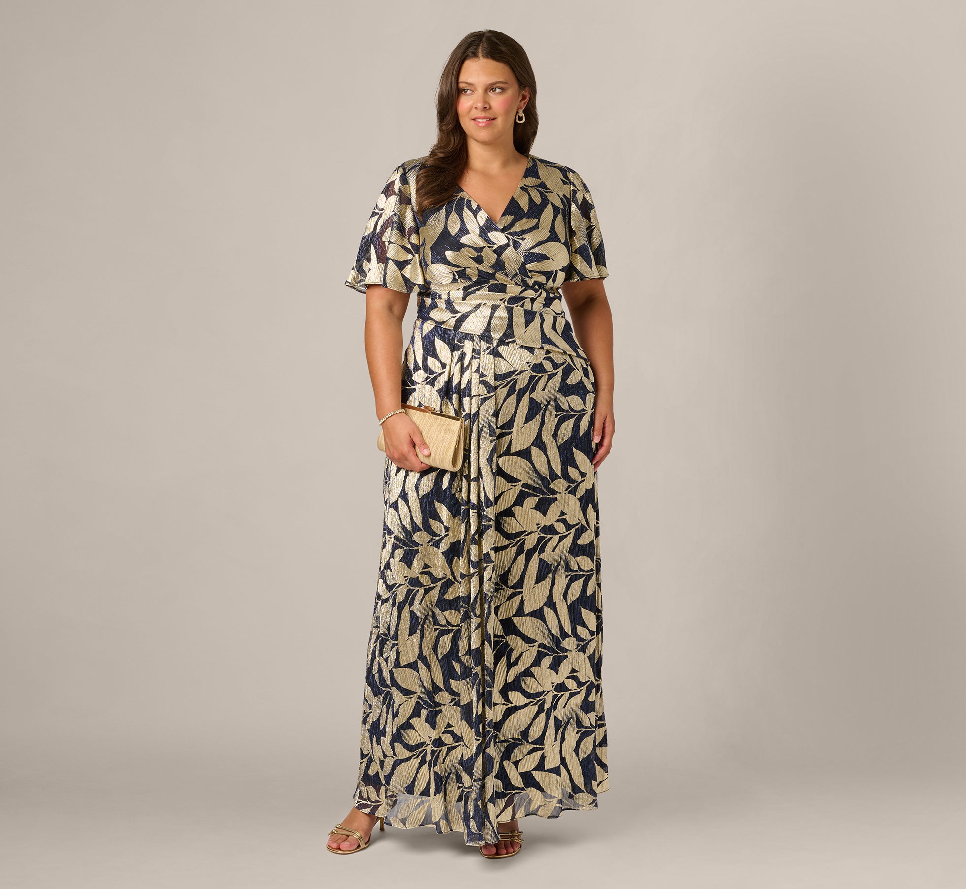 Plus Size Foil Leaf Short Sleeve Gown With Draped Details In Navy Gold