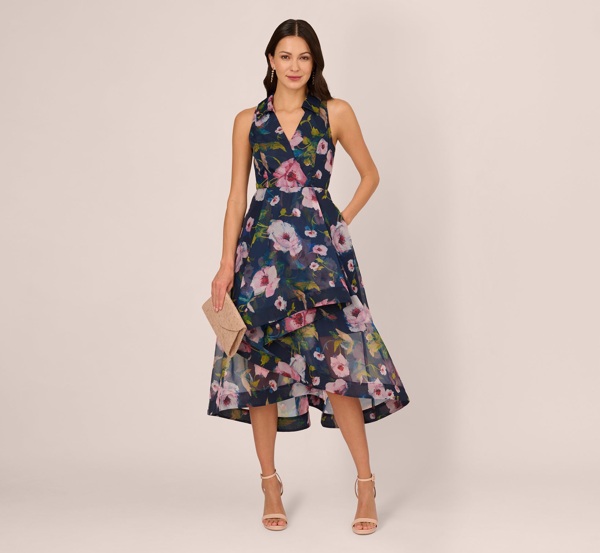 Adrianna Papell Floral Printed High Low Organza Halter Dress - Navy/Multi Adrianna Papell Floral Printed High Low Organza Halter Dress - Navy/Multi
