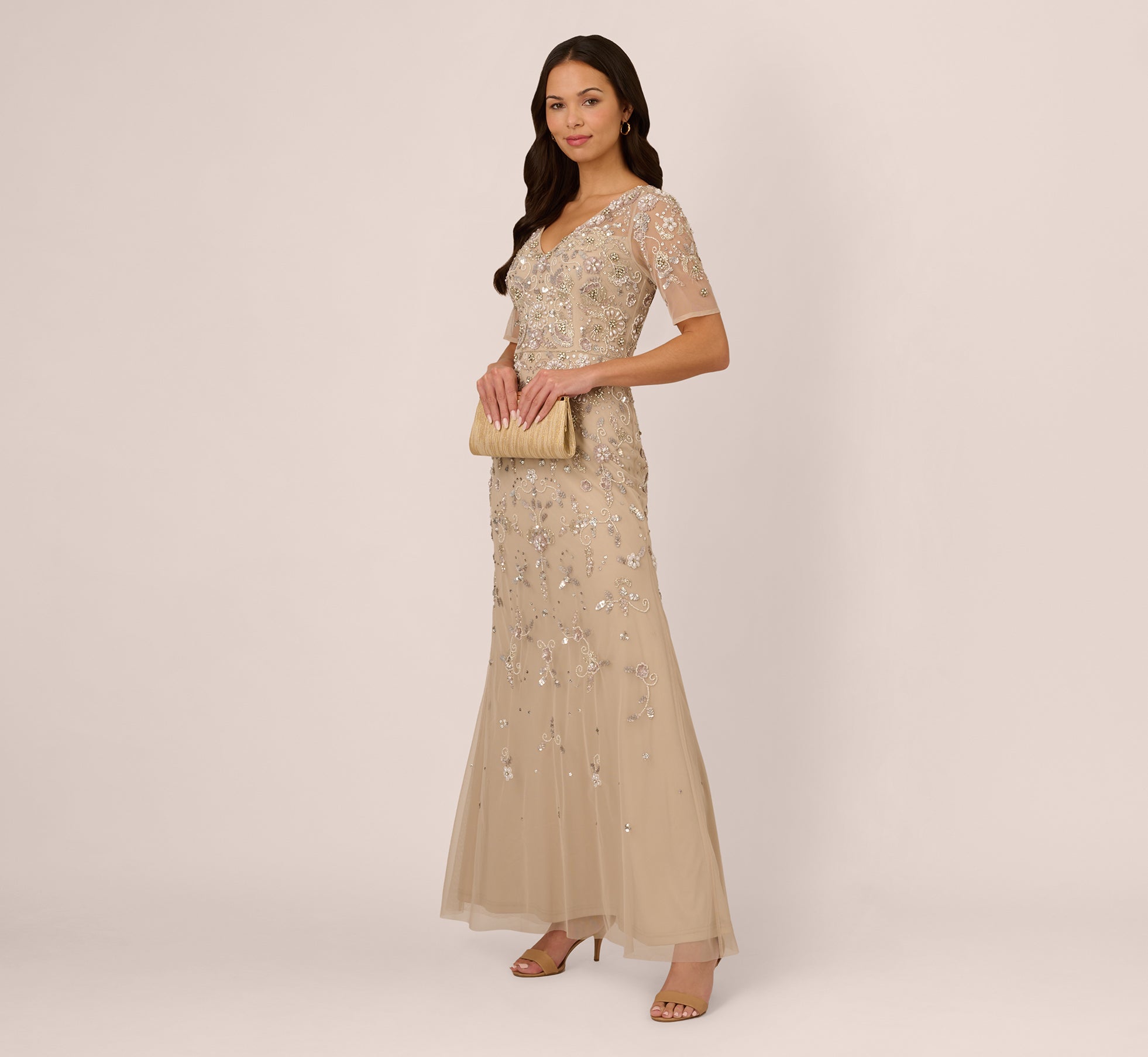 Adrianna Papell 3D Floral Beaded Mermaid Gown - Biscotti Adrianna Papell 3D Floral Beaded Mermaid Gown - Biscotti