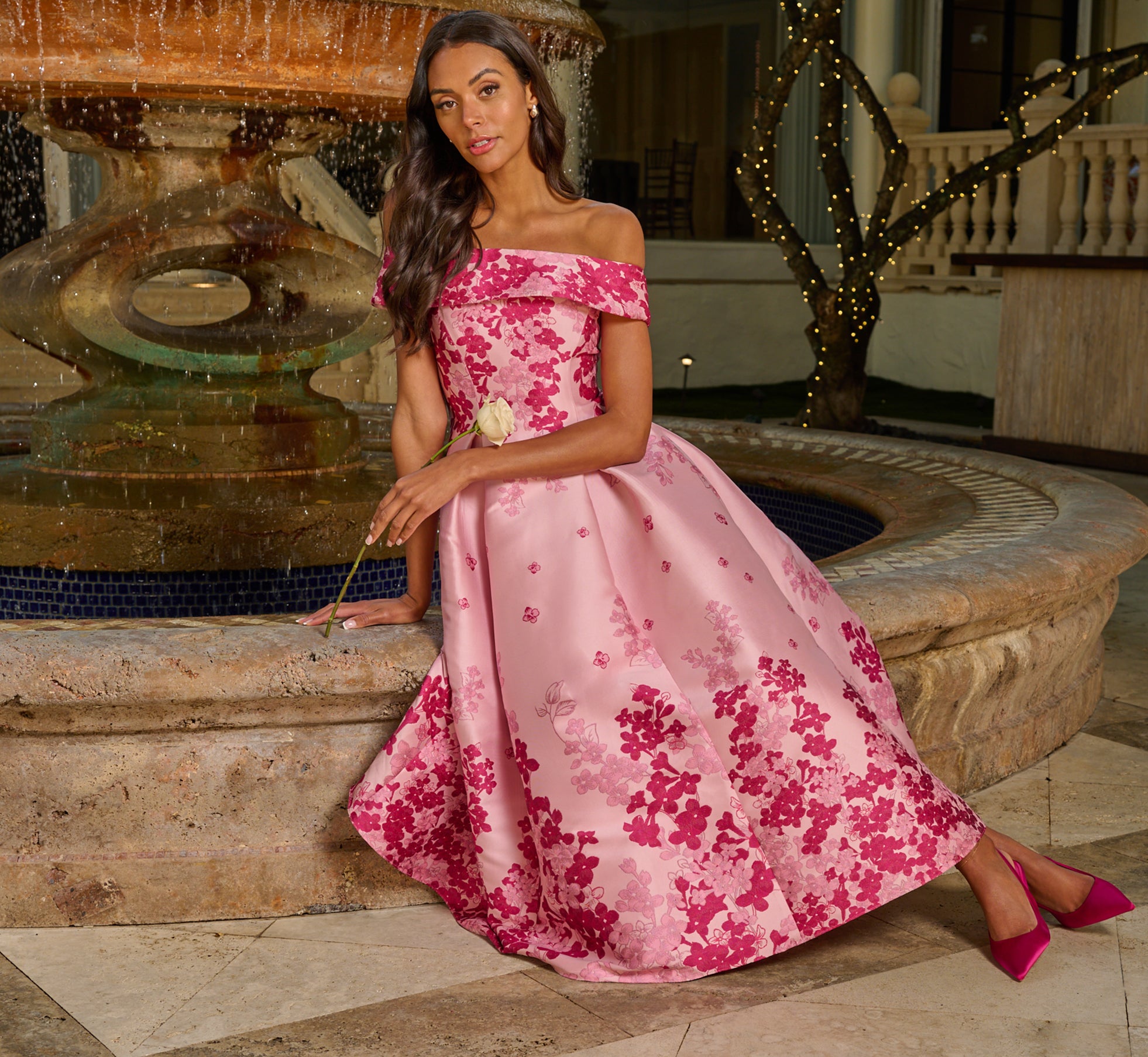 P Floral Jacquard Ankle Length Dress With Off The Shoulder Neckline - Adrianna Papell P Floral Jacquard Ankle Length Dress With Off The Shoulder Neckline - Adrianna Papell