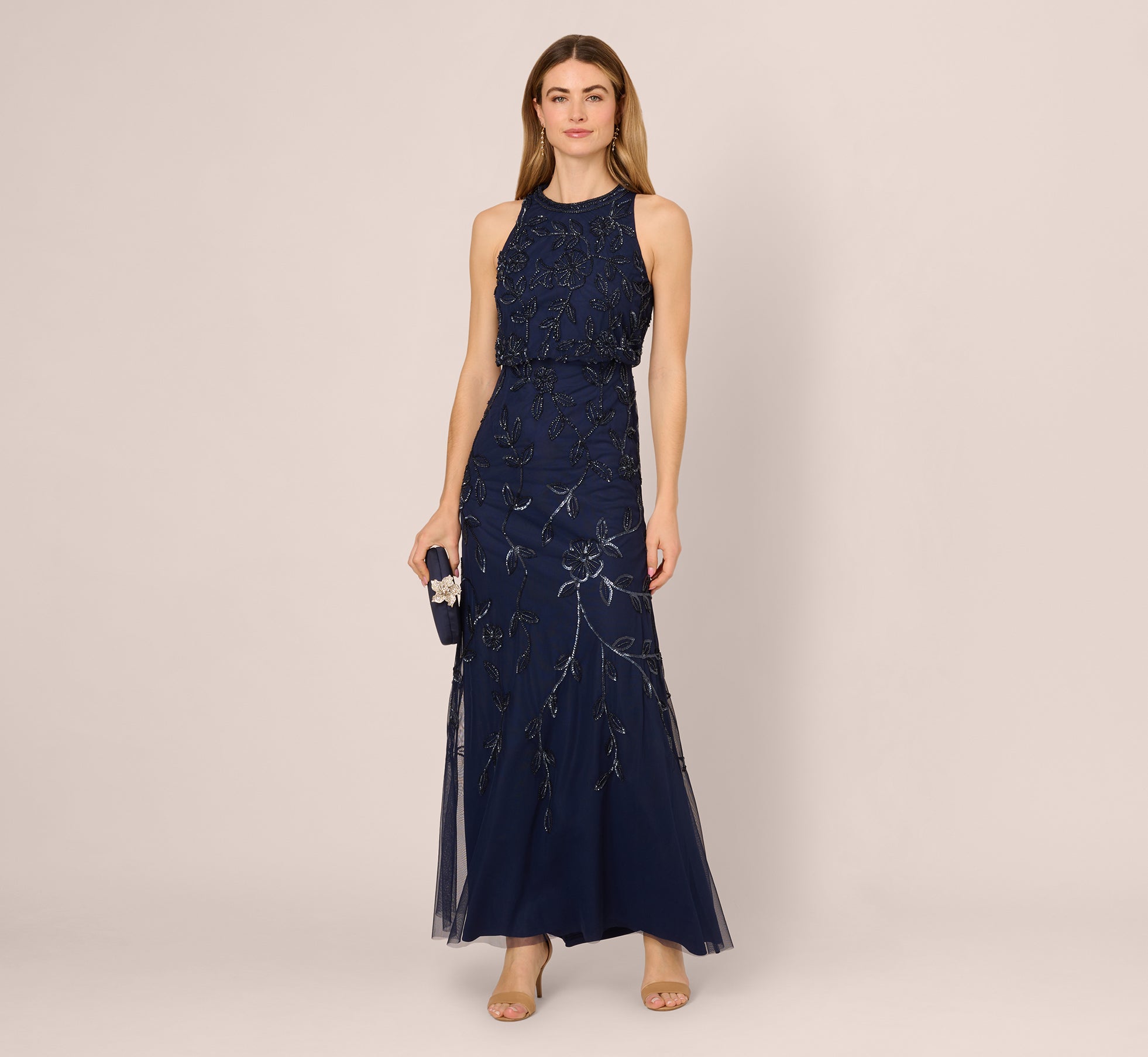 Sleeveless Blouson Mermaid Gown With Jasmine Beading In Light Navy Sleeveless Blouson Mermaid Gown With Jasmine Beading In Light Navy