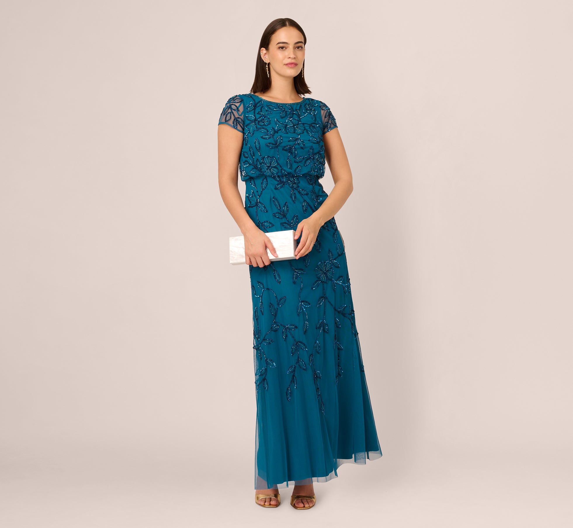 Jasmine Beaded Blouson Gown With Sheer Short Sleeves In Teal Sapphire Jasmine Beaded Blouson Gown With Sheer Short Sleeves In Teal Sapphire