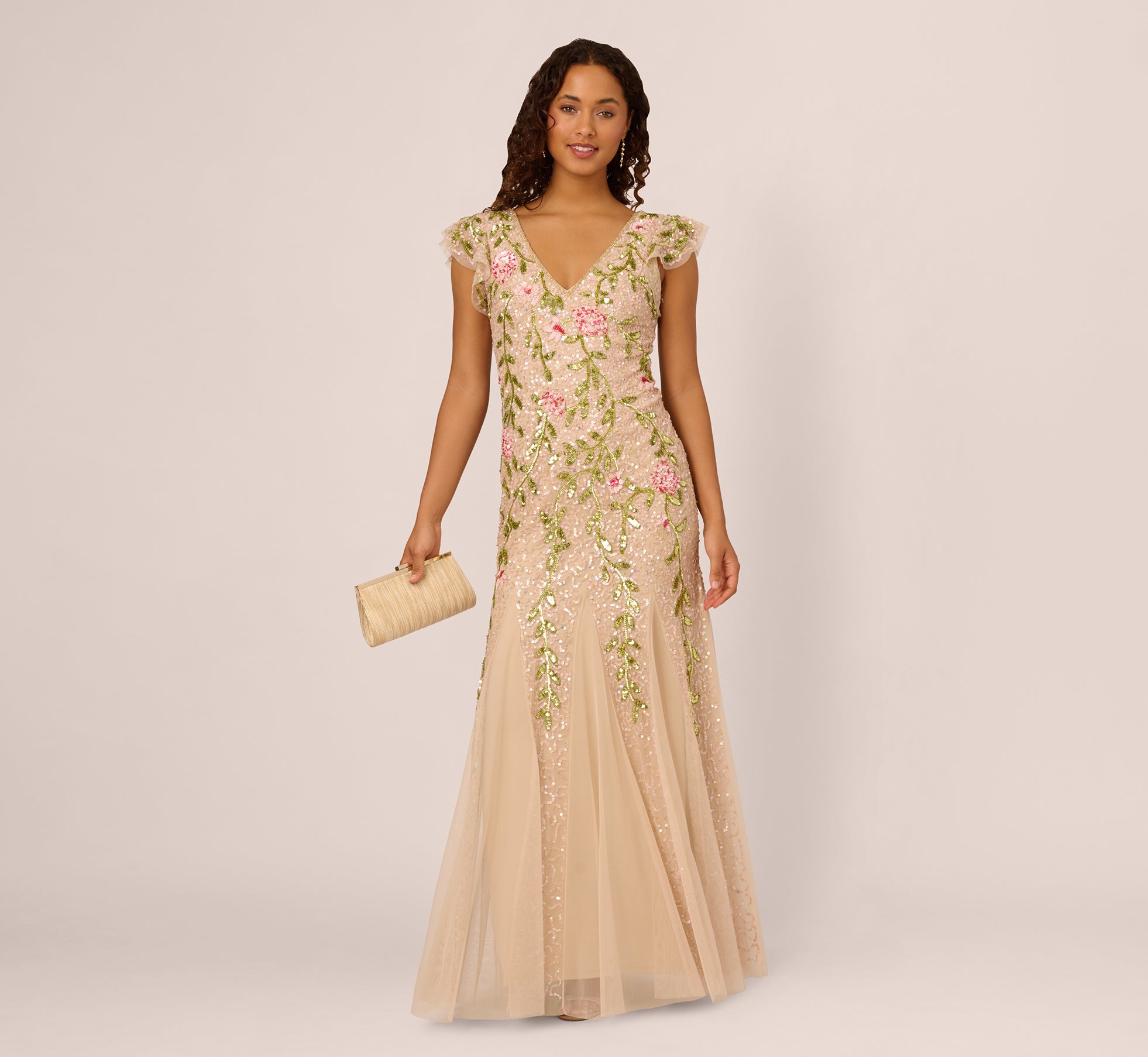 Adrianna Papell Womens Beaded Mesh Flutter-Sleeve Gown - Light Champagne Adrianna Papell Womens Beaded Mesh Flutter-Sleeve Gown - Light Champagne