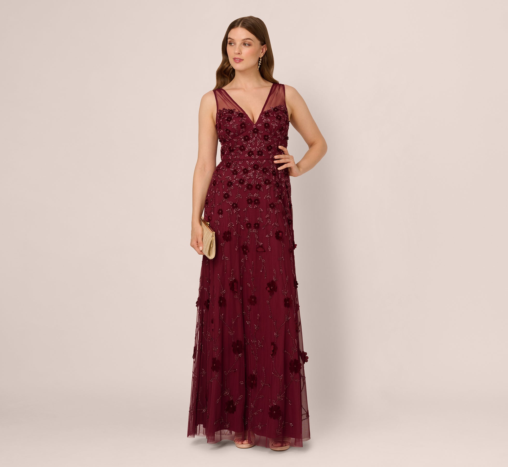 Adrianna Papell Women's Beaded Floral Gown - Mahogany - 0 Adrianna Papell Women's Beaded Floral Gown - Mahogany - 0