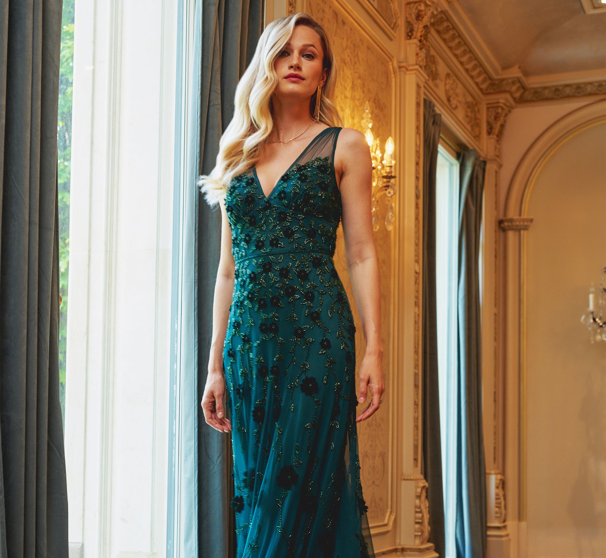 Velvet Floral Beaded Gown With Sheer Tank Straps In Gem Green Velvet Floral Beaded Gown With Sheer Tank Straps In Gem Green