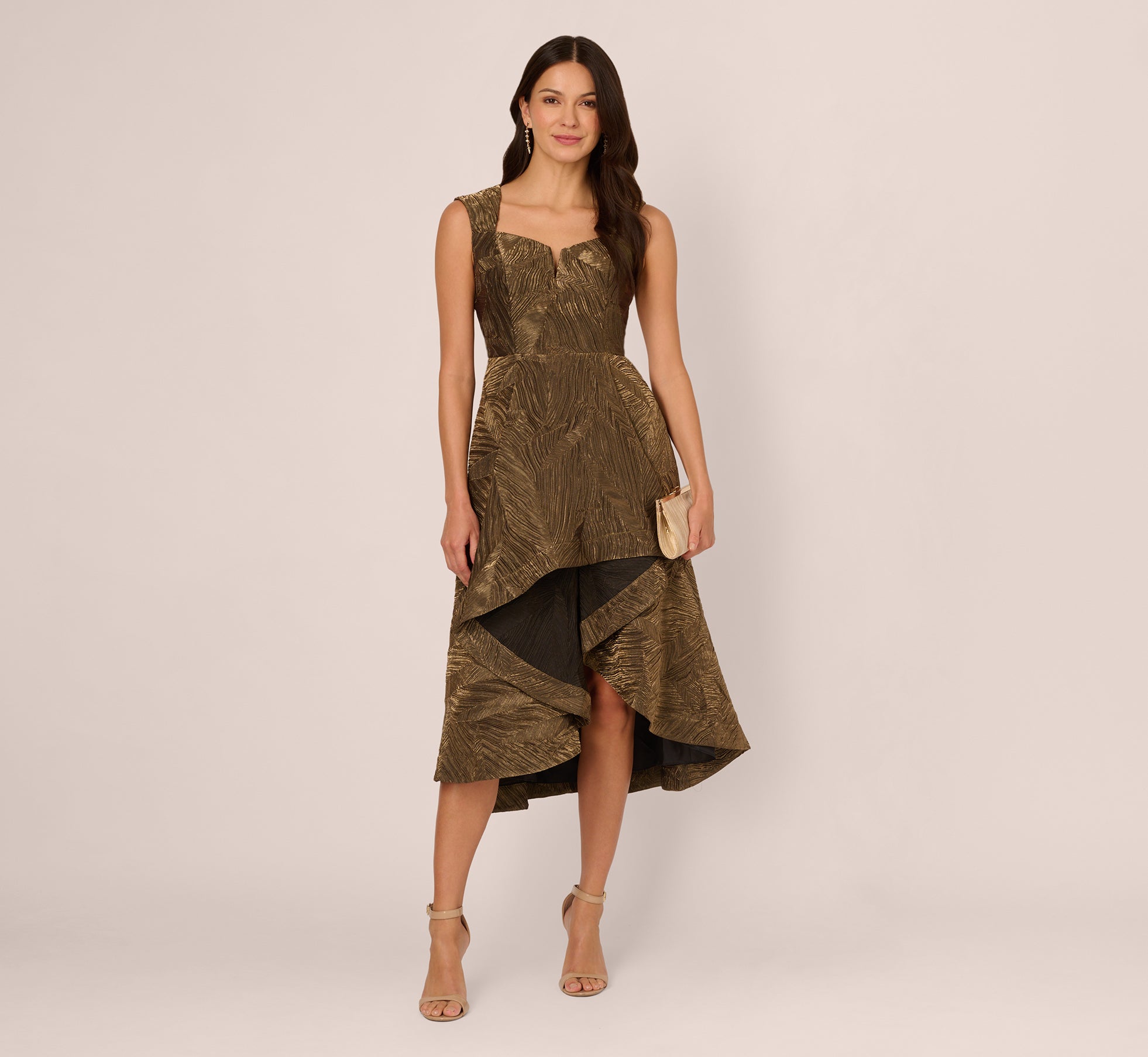 Textured Jacquard High Low Dress With Notched Neck In Metallic Gold - Adrianna Papell Textured Jacquard High Low Dress With Notched Neck In Metallic Gold - Adrianna Papell