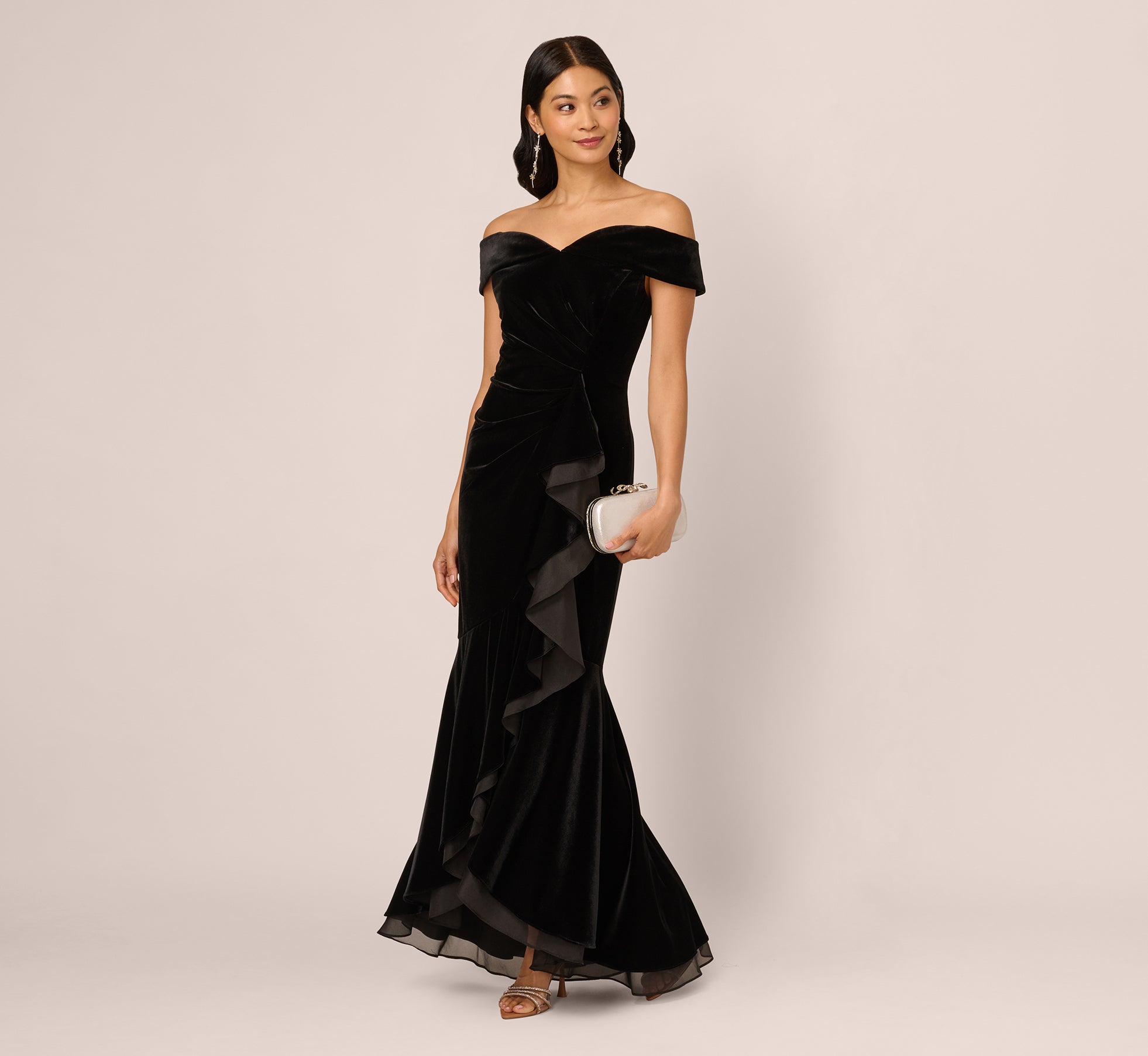 Black Off The Shoulder Velvet Mermaid Gown With Organza Ruffle - Adrianna Papell Black Off The Shoulder Velvet Mermaid Gown With Organza Ruffle - Adrianna Papell