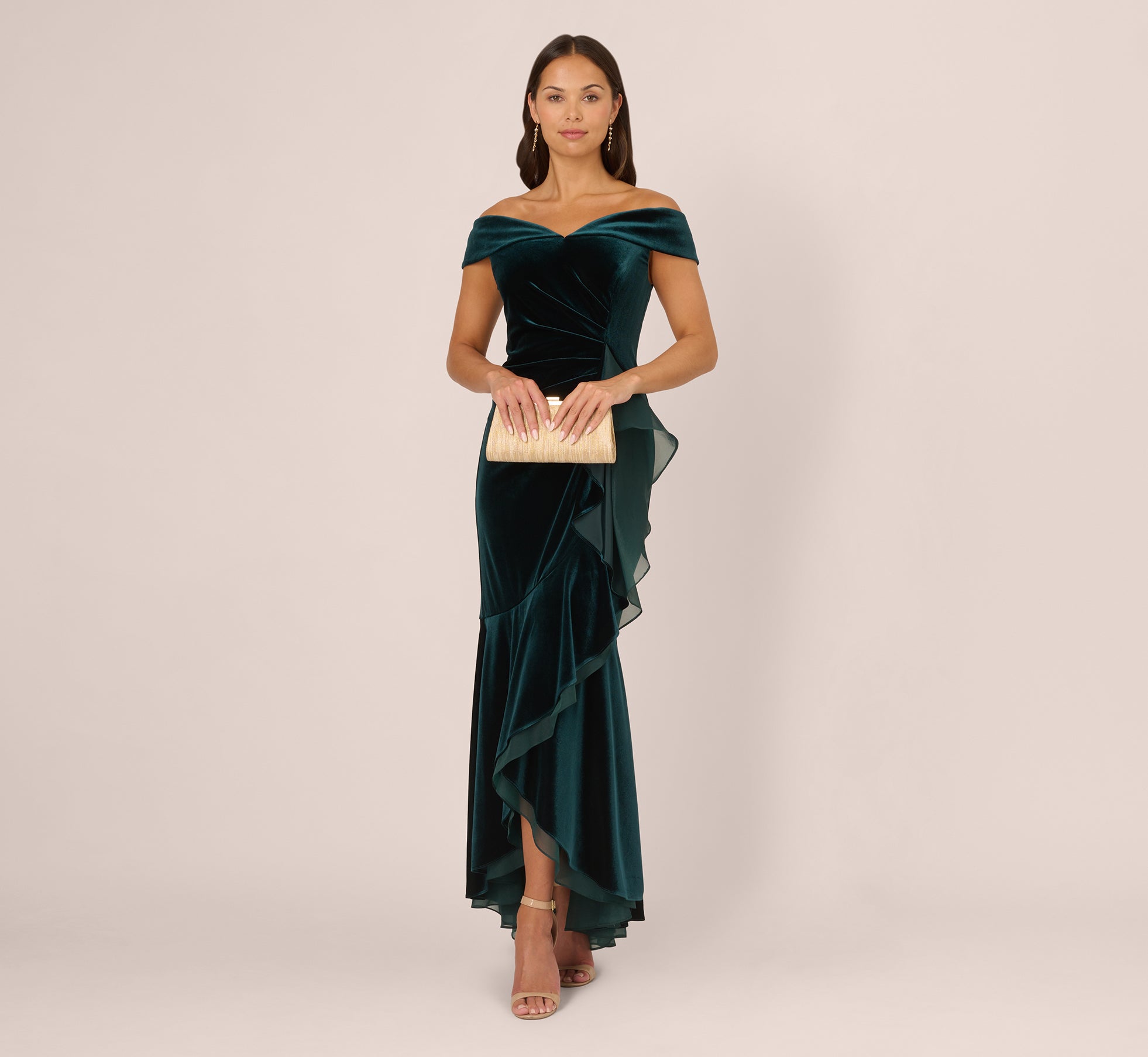 Off The Shoulder Velvet Mermaid Gown With Organza Ruffle In Hunter Off The Shoulder Velvet Mermaid Gown With Organza Ruffle In Hunter