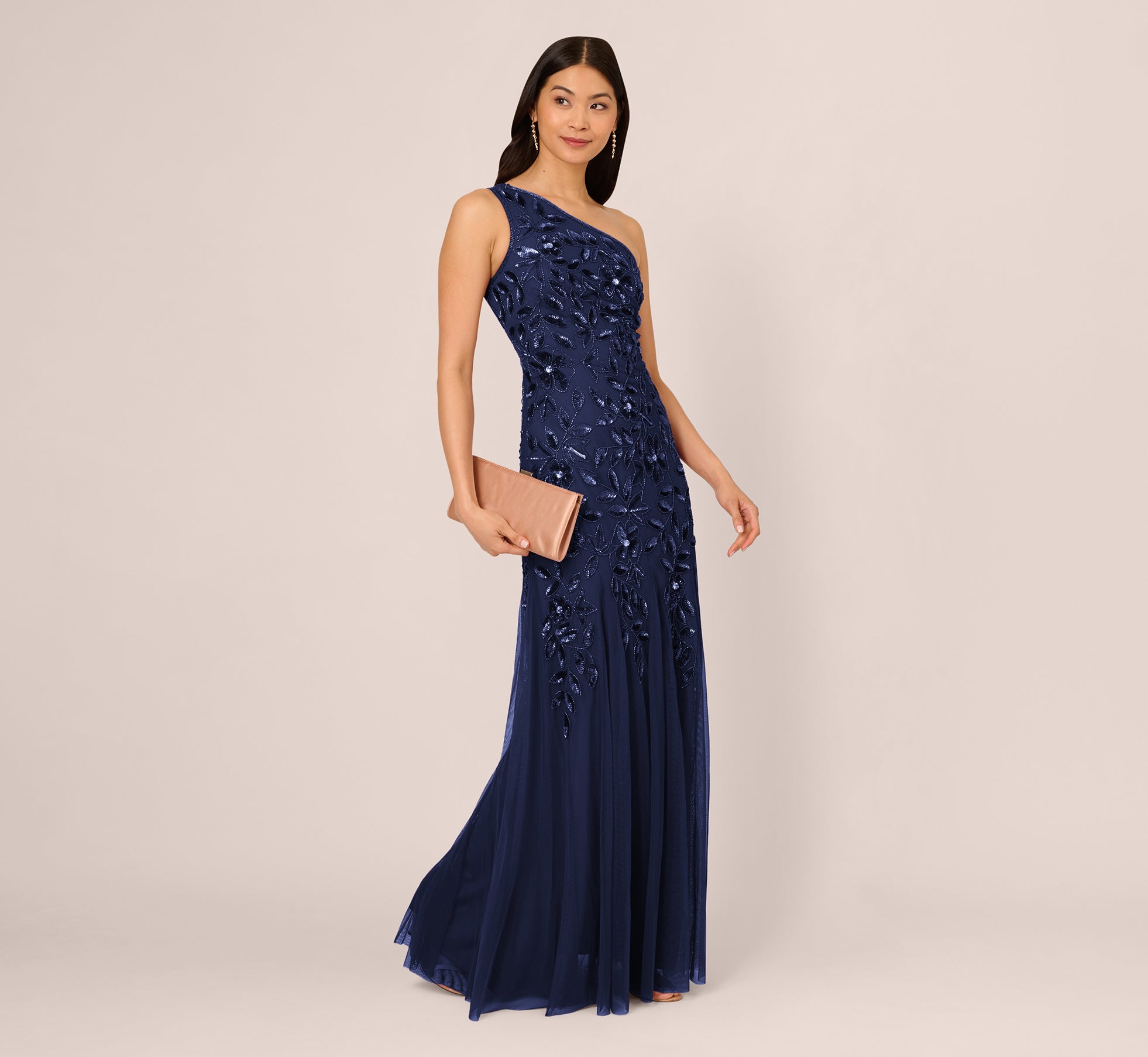 Adrianna Papell Floral Beaded One Shoulder Mermaid Gown - Light Navy Adrianna Papell Floral Beaded One Shoulder Mermaid Gown - Light Navy