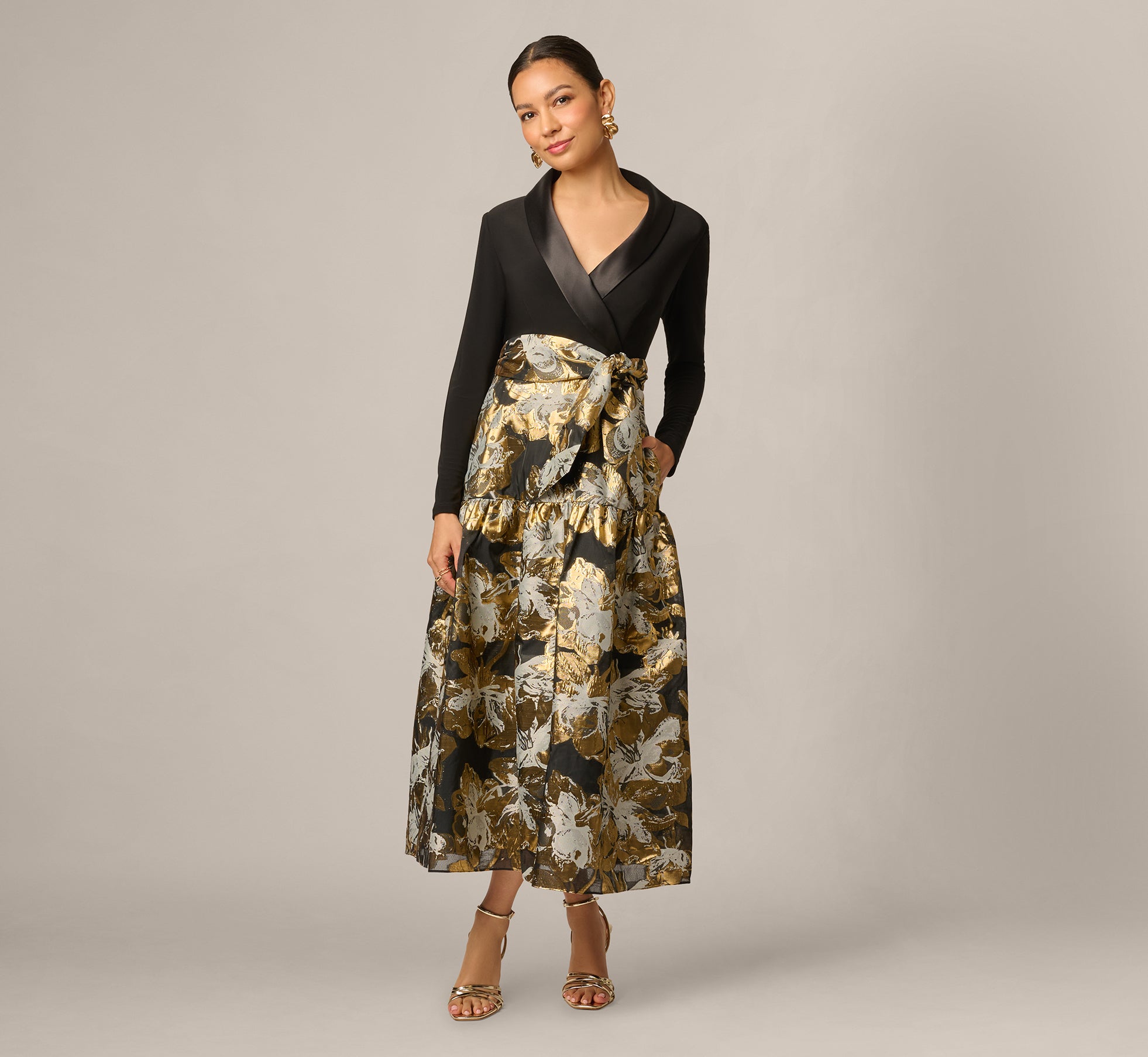 Adrianna Papell Petite Combo Floral Long-Sleeve Jacquard Dress - Black Gold