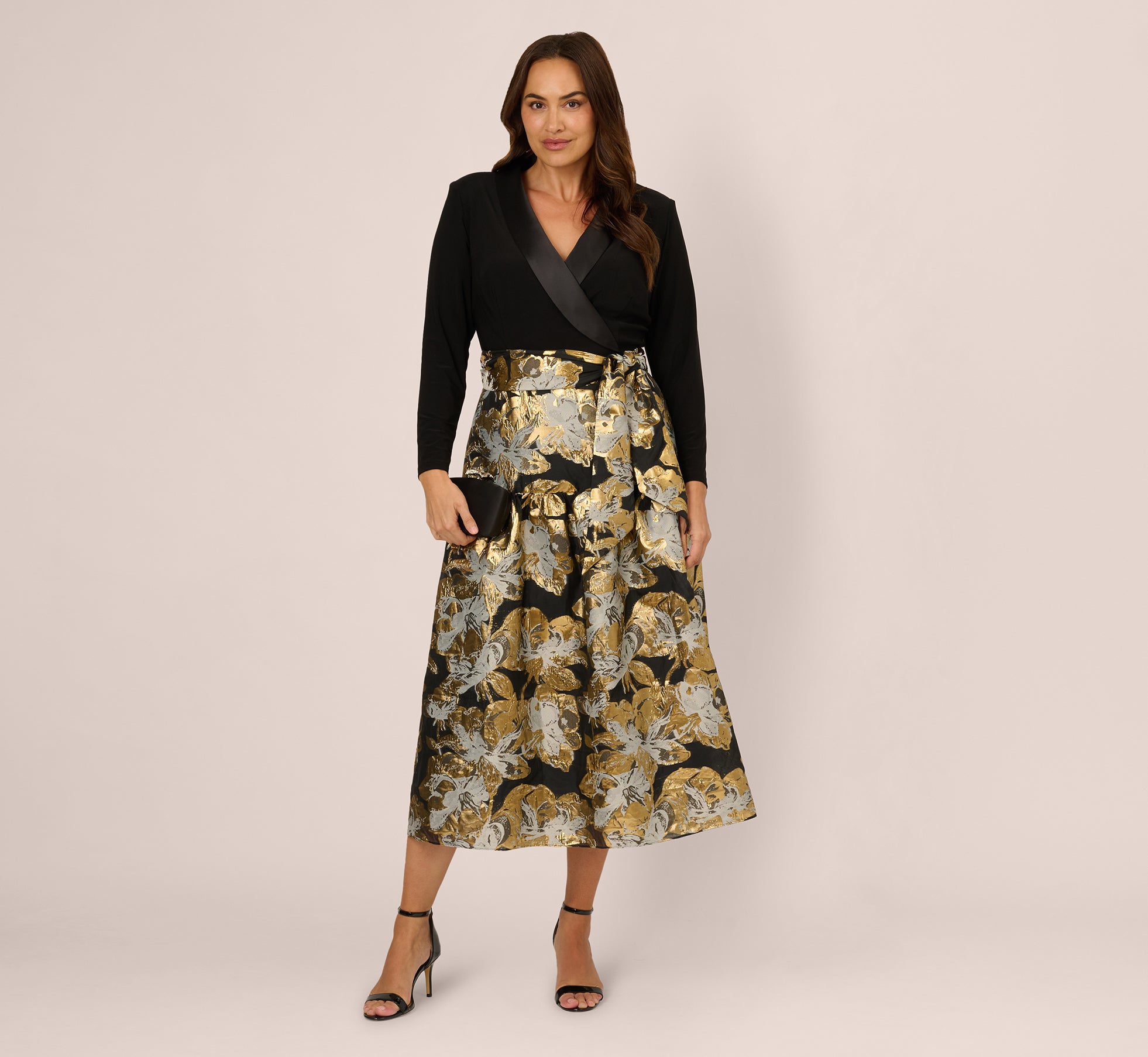Plus Size Combo Floral Jacquard Dress In Black Gold Plus Size Combo Floral Jacquard Dress In Black Gold