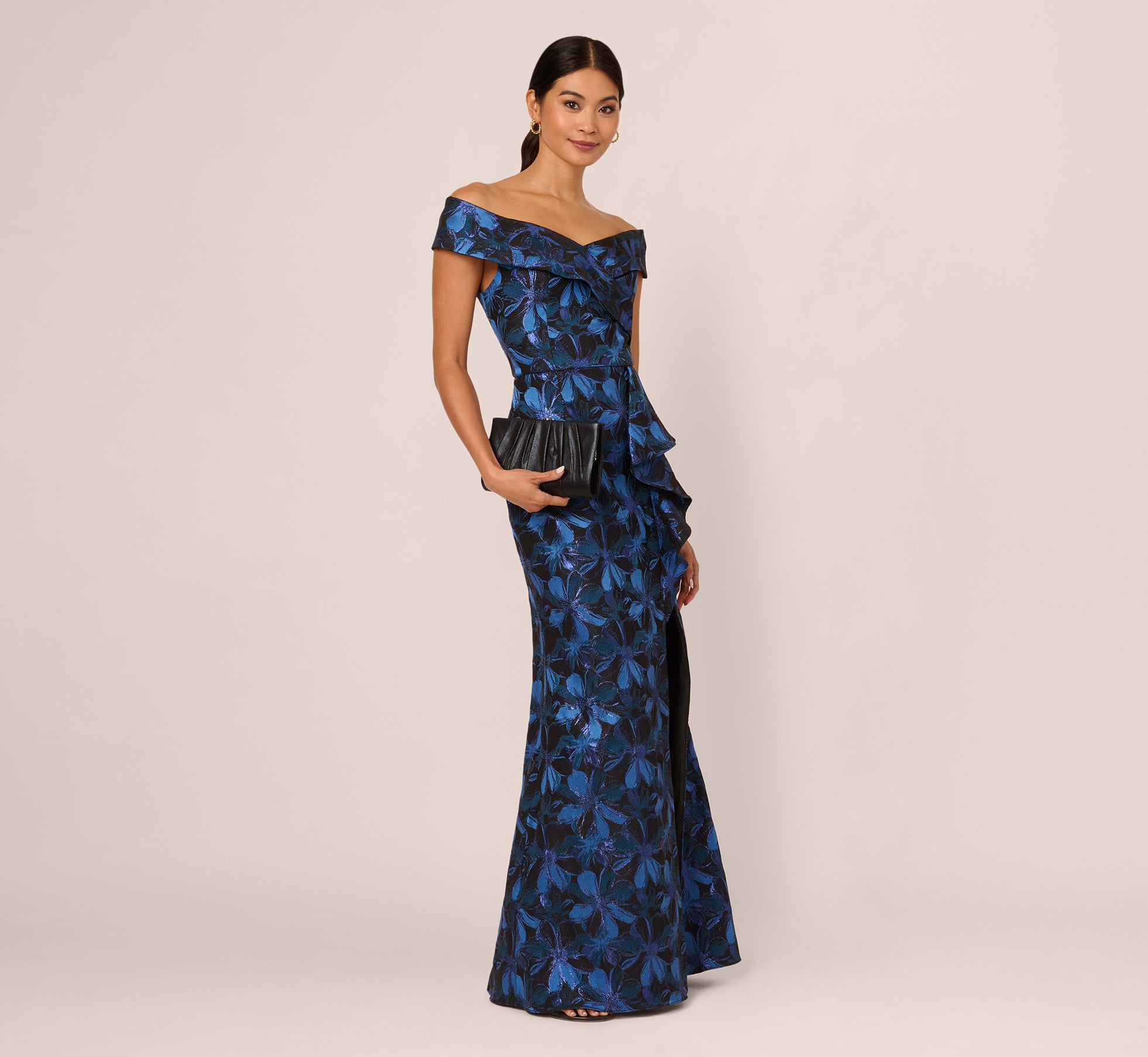Blue Off Shoulder Jacquard Gown - Adrianna Papell Blue Off Shoulder Jacquard Gown - Adrianna Papell