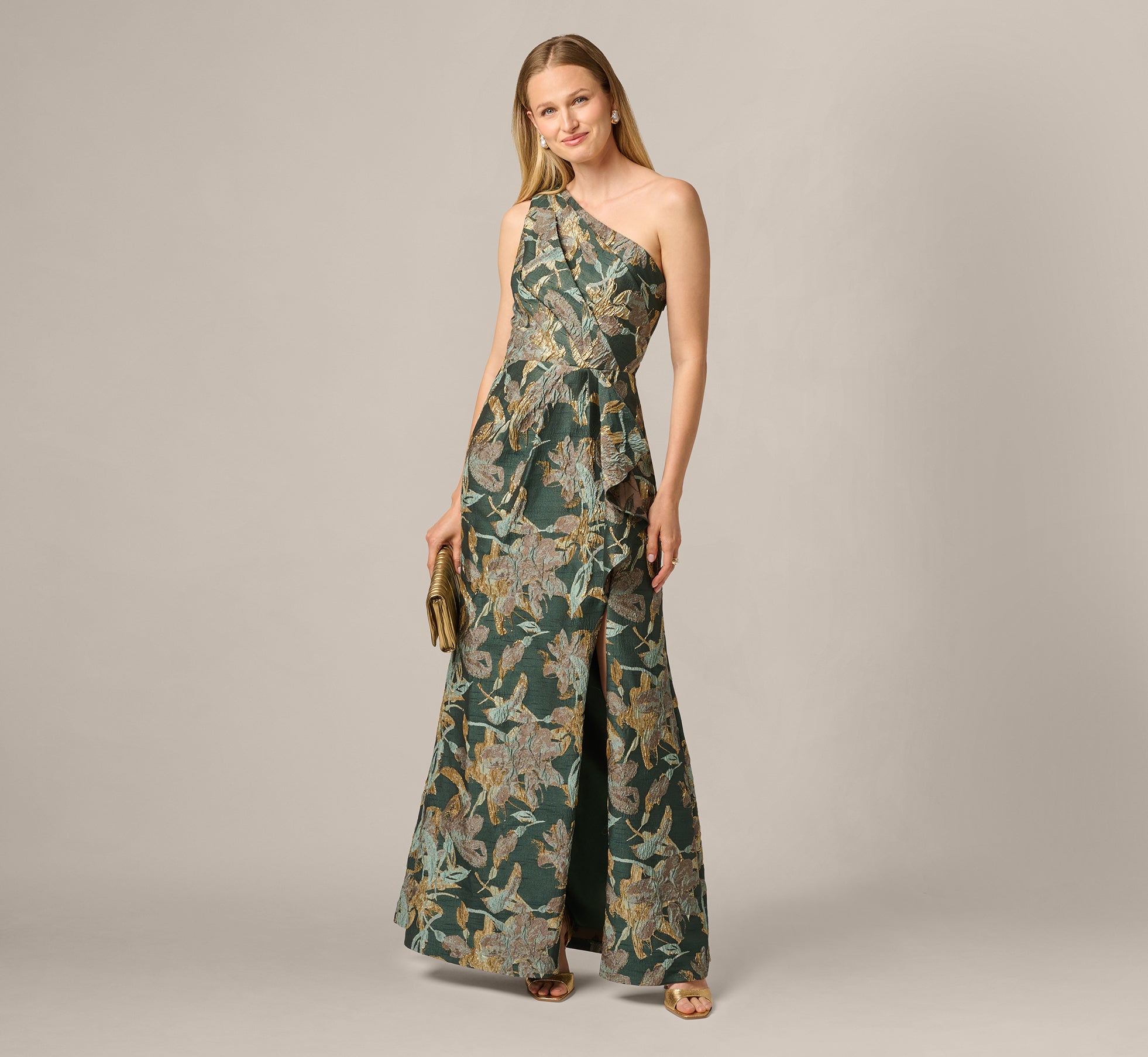 One Shoulder Jacquard Dress in Green Gold One Shoulder Jacquard Dress in Green Gold