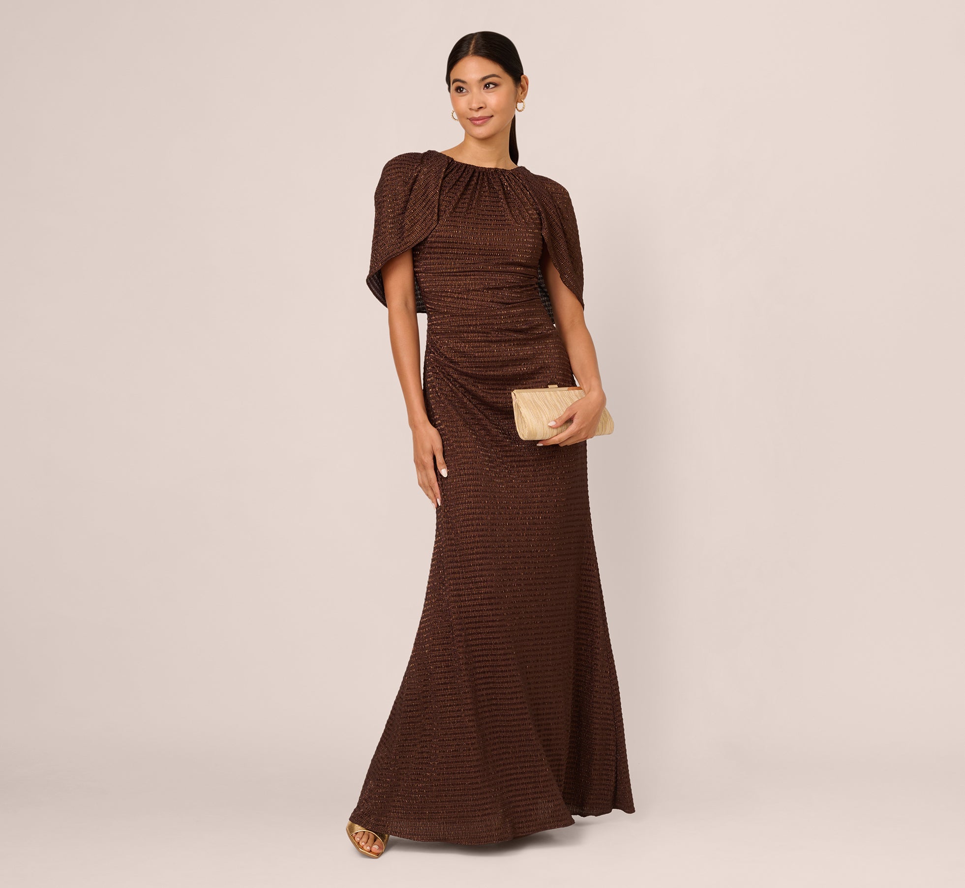 Bronze Pleated Metallic Cape Gown - Adrianna Papell Bronze Pleated Metallic Cape Gown - Adrianna Papell