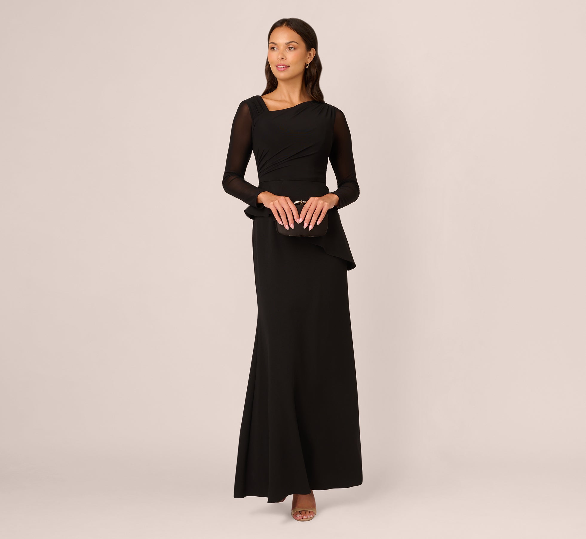 Adrianna Papell Womens Knit Crepe Combo Mesh Gown, 0, Black, Women's Adrianna Papell Womens Knit Crepe Combo Mesh Gown, 0, Black, Women's