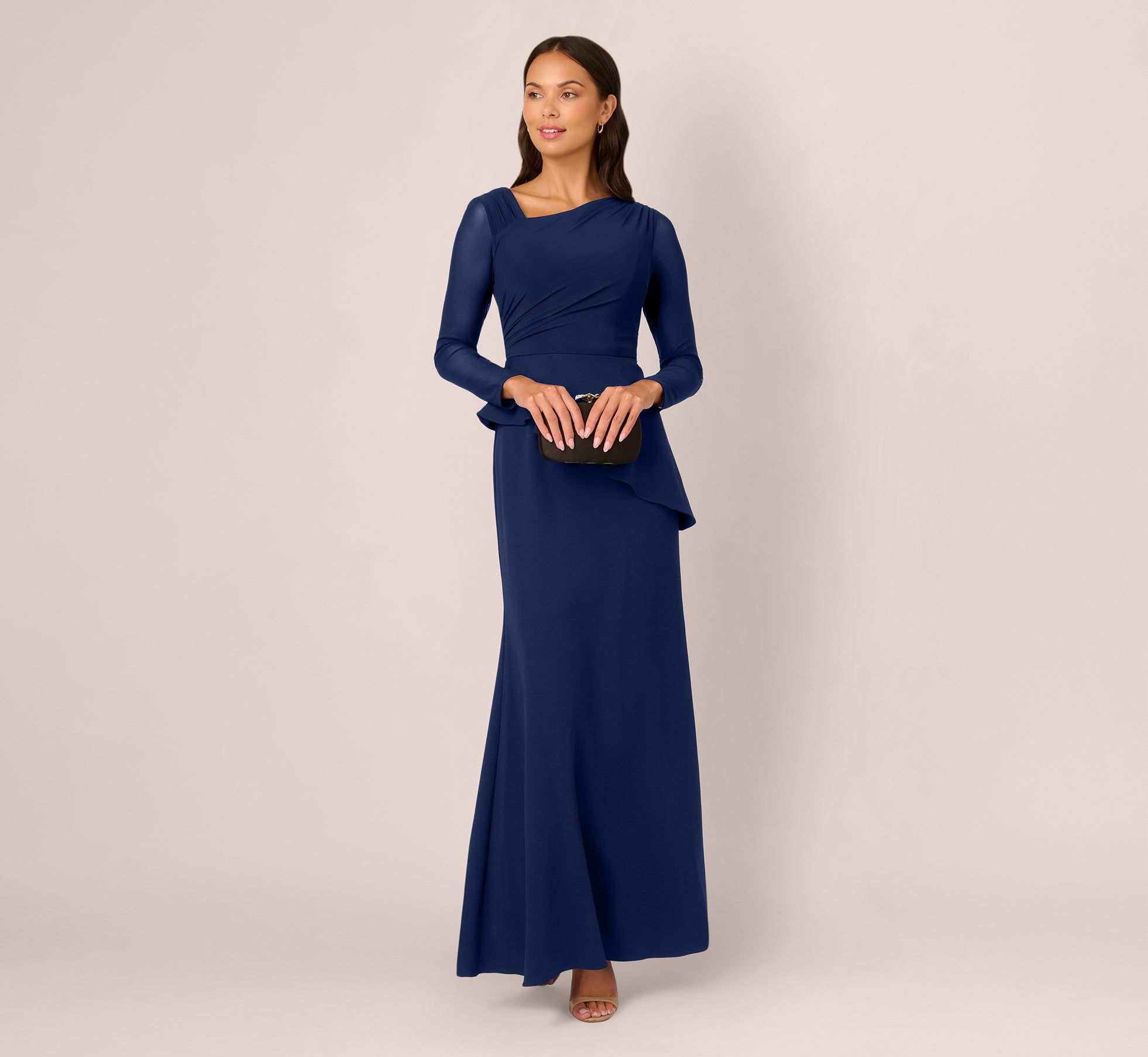 Knit Crepe Combo Mesh Gown In Navy Sateen - Adrianna Papell