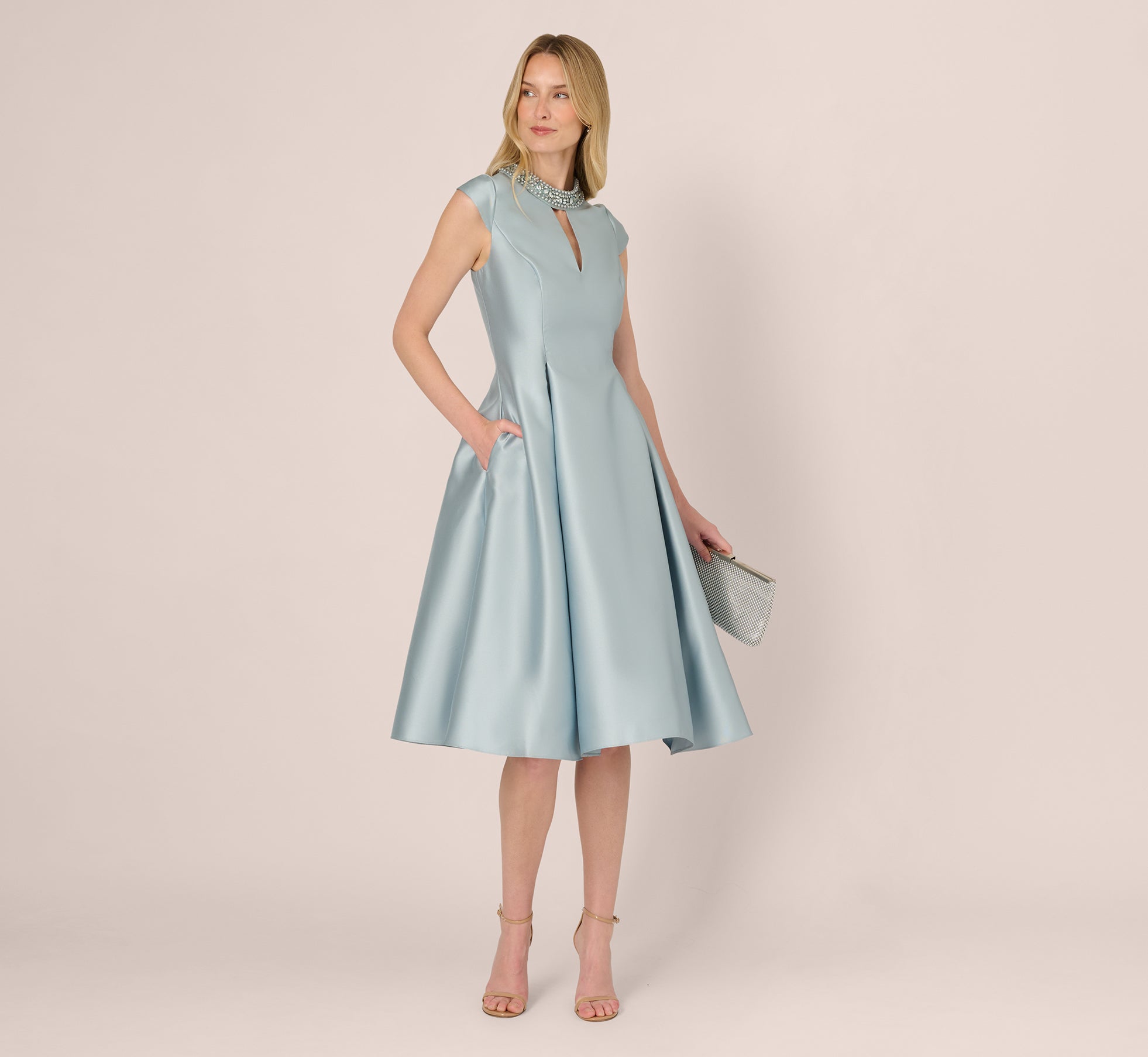 Blue Key Hole Mikado Cap Sleeve Midi Dress - Adrianna Papell Blue Key Hole Mikado Cap Sleeve Midi Dress - Adrianna Papell