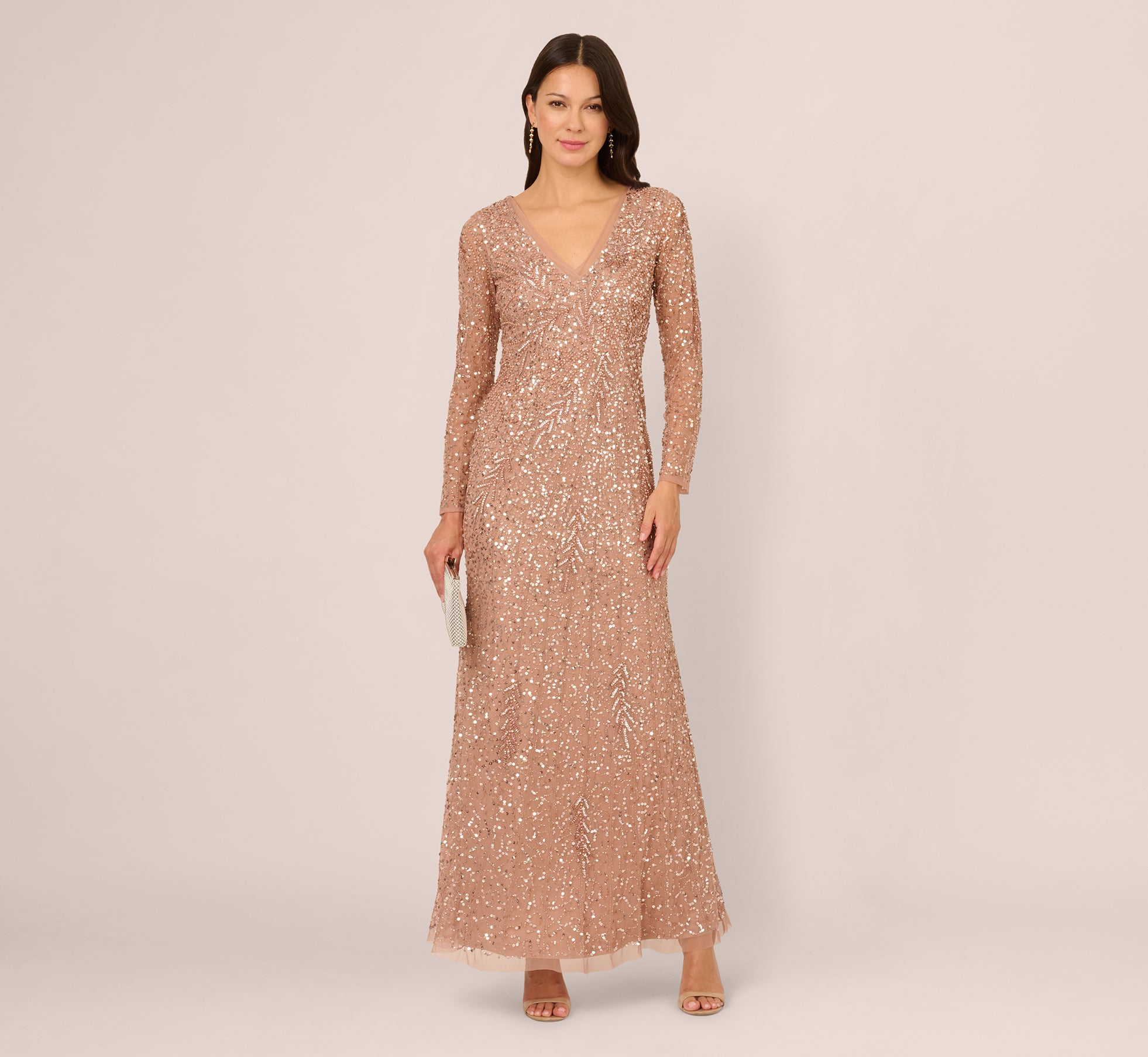 Pink Petite Long Sleeve Beaded Full Length Dress