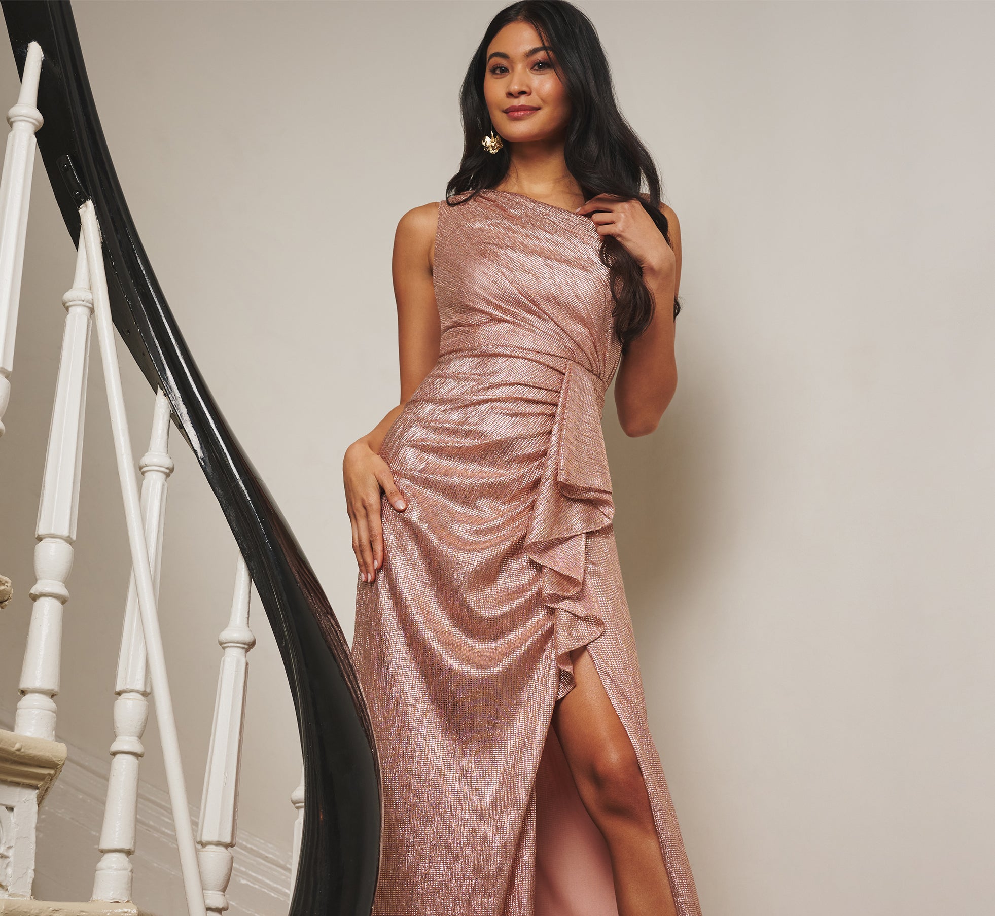 Rose Gold Draped Metallic Foil Long Dress - Adrianna Papell Rose Gold Draped Metallic Foil Long Dress - Adrianna Papell