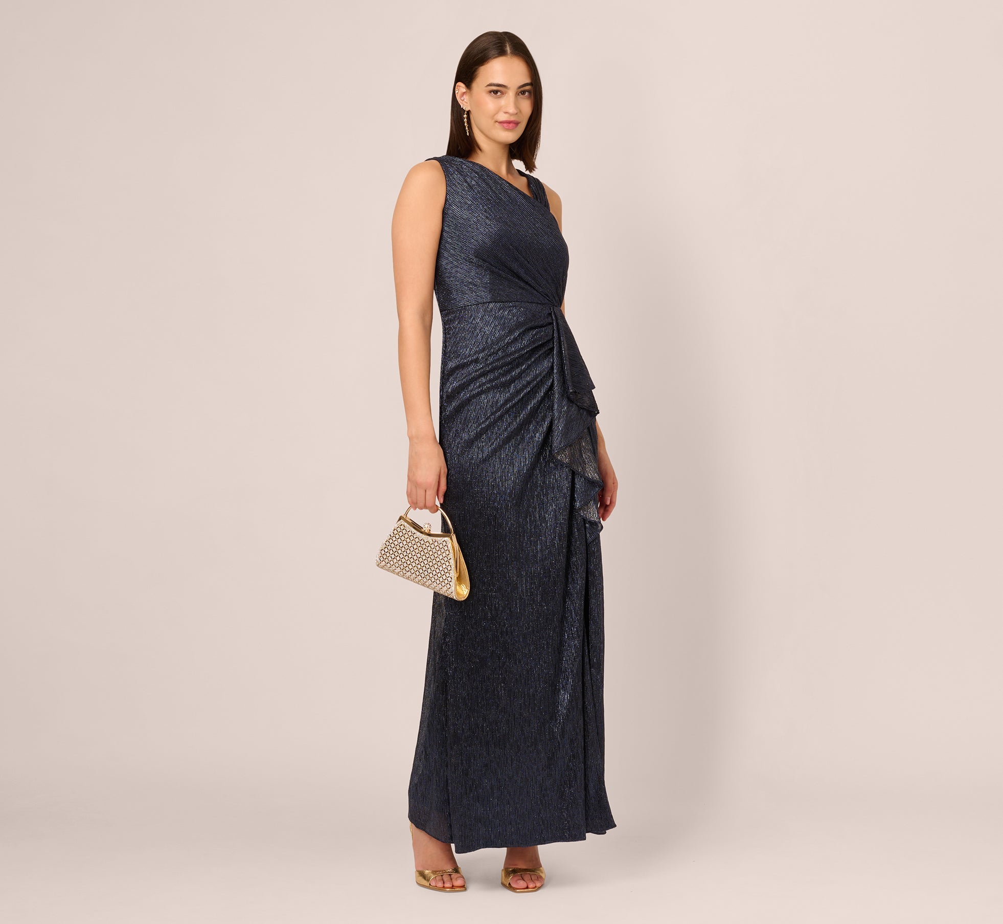 Adrianna Papell Draped Metallic Foil Long Gown - Navy Adrianna Papell Draped Metallic Foil Long Gown - Navy