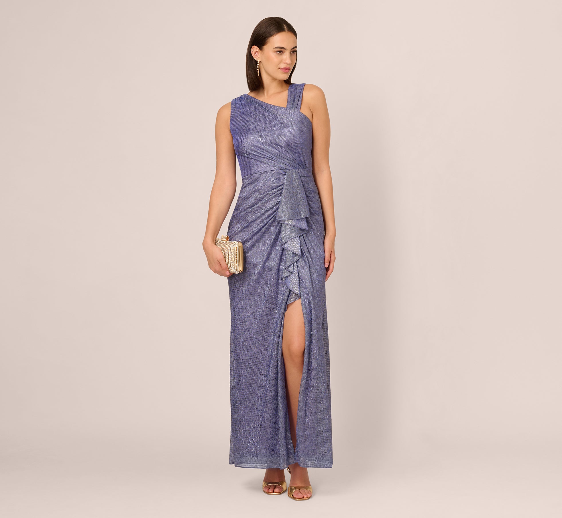 Blue Draped Metallic Foil Long Dress - Adrianna Papell Blue Draped Metallic Foil Long Dress - Adrianna Papell
