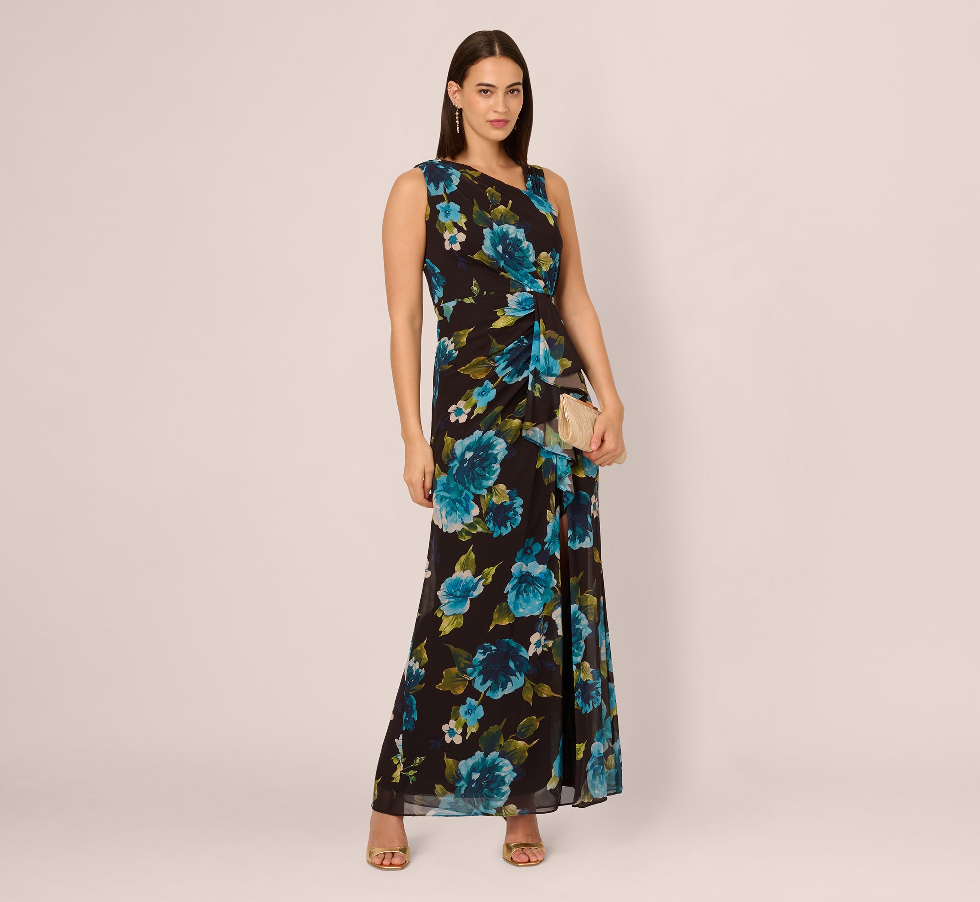 Asymmetrical Draped Floral Chiffon Gown In Black Multi Asymmetrical Draped Floral Chiffon Gown In Black Multi