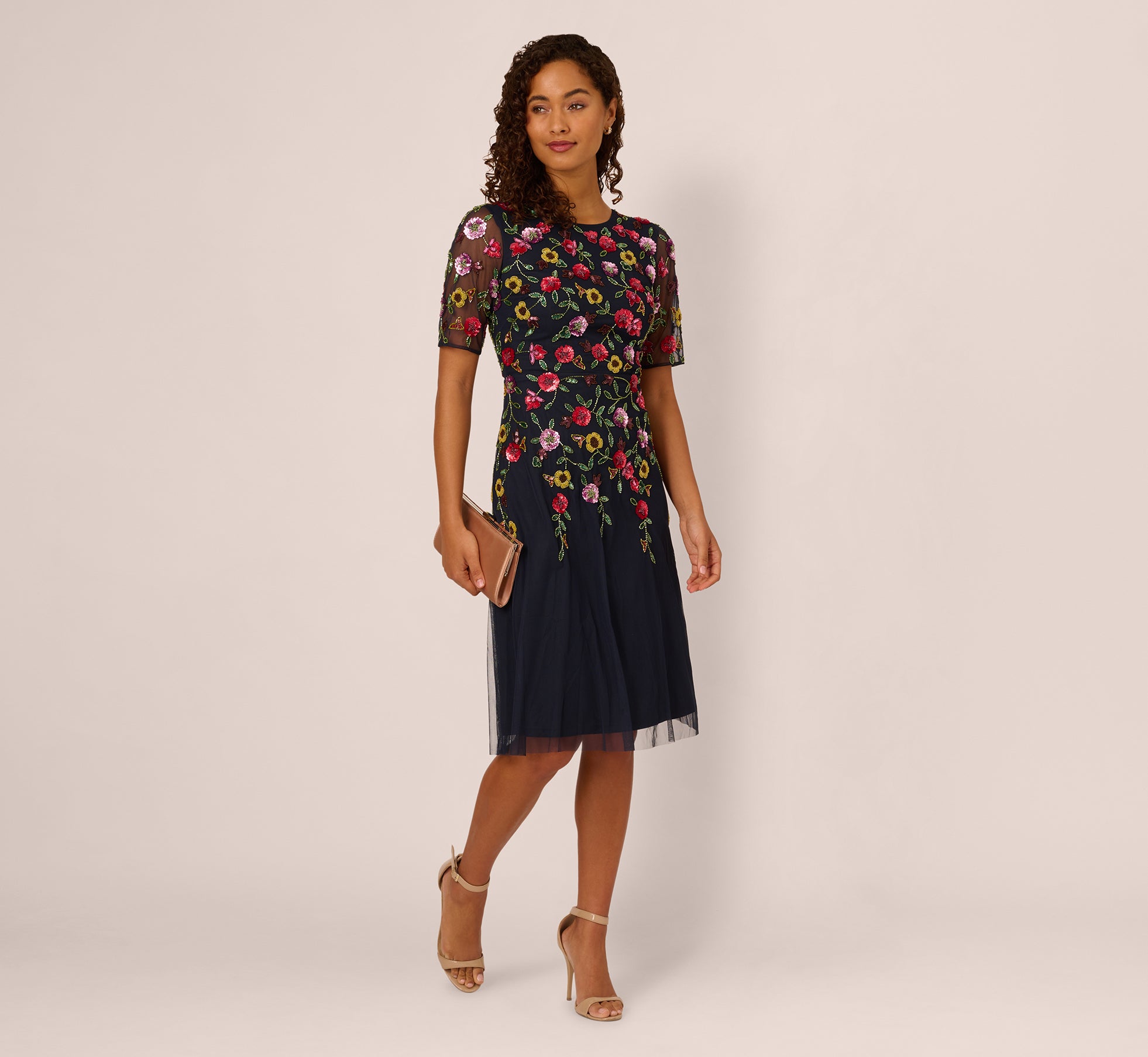 Adrianna Papell Women's Embellished Mesh Midi Dress - Navy Multi Adrianna Papell Women's Embellished Mesh Midi Dress - Navy Multi
