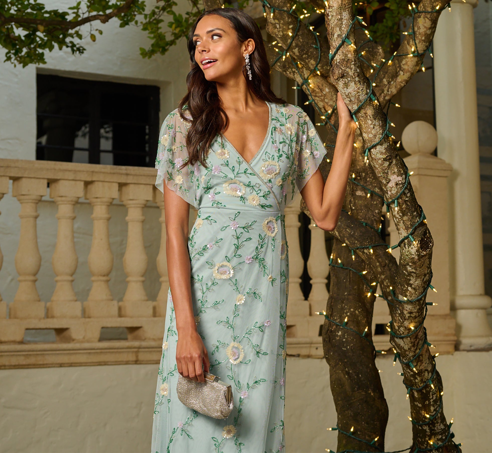 Adrianna Papell Flutter Sleeve Beaded Wrap Dress Adrianna Papell Flutter Sleeve Beaded Wrap Dress