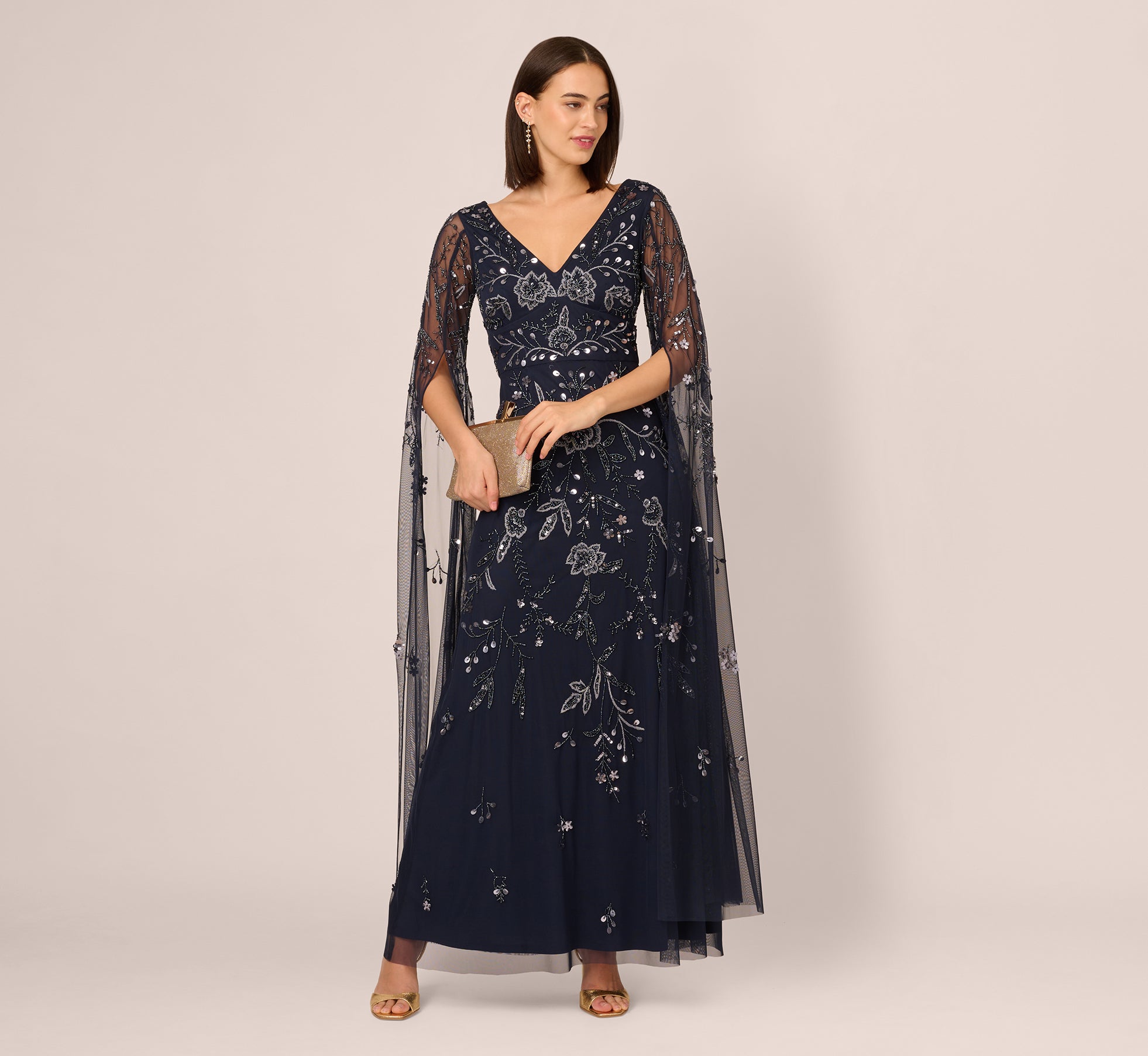 Adrianna Papell Split Sleeve Floral Beaded Gown - Navy/Gunmetal Adrianna Papell Split Sleeve Floral Beaded Gown - Navy/Gunmetal