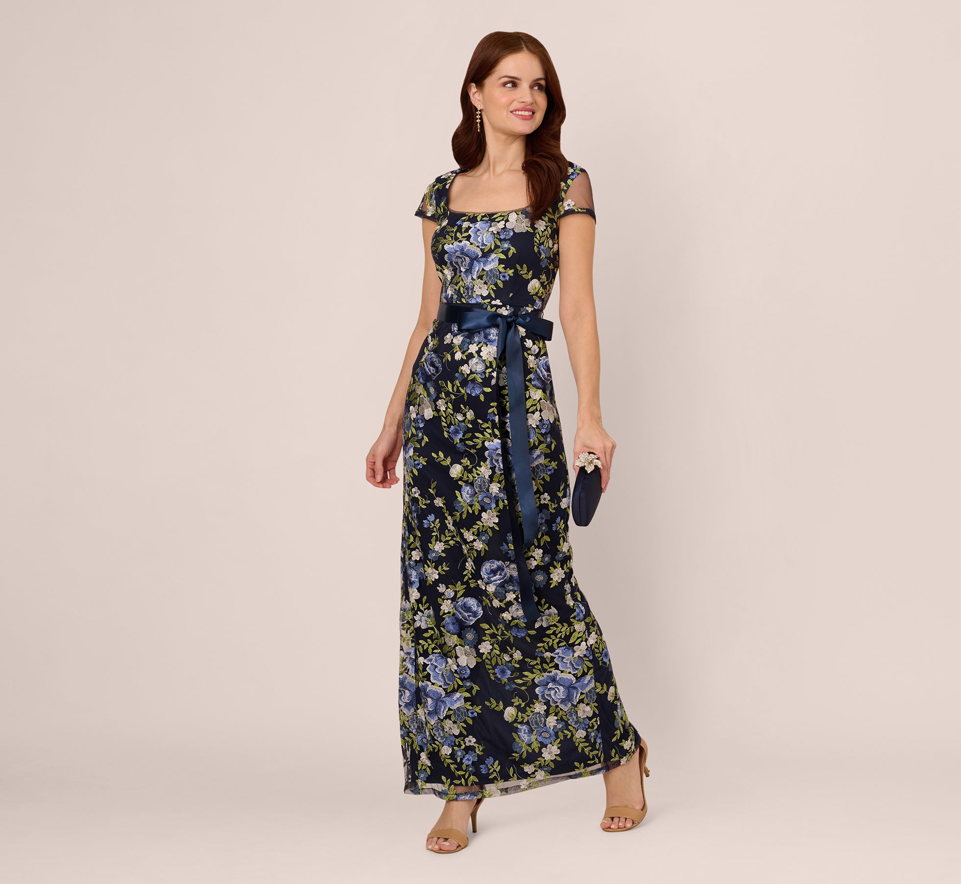 Adrianna Papell Embroidered Floral Cap Sleeve Column Gown - Navy Multi Adrianna Papell Embroidered Floral Cap Sleeve Column Gown - Navy Multi