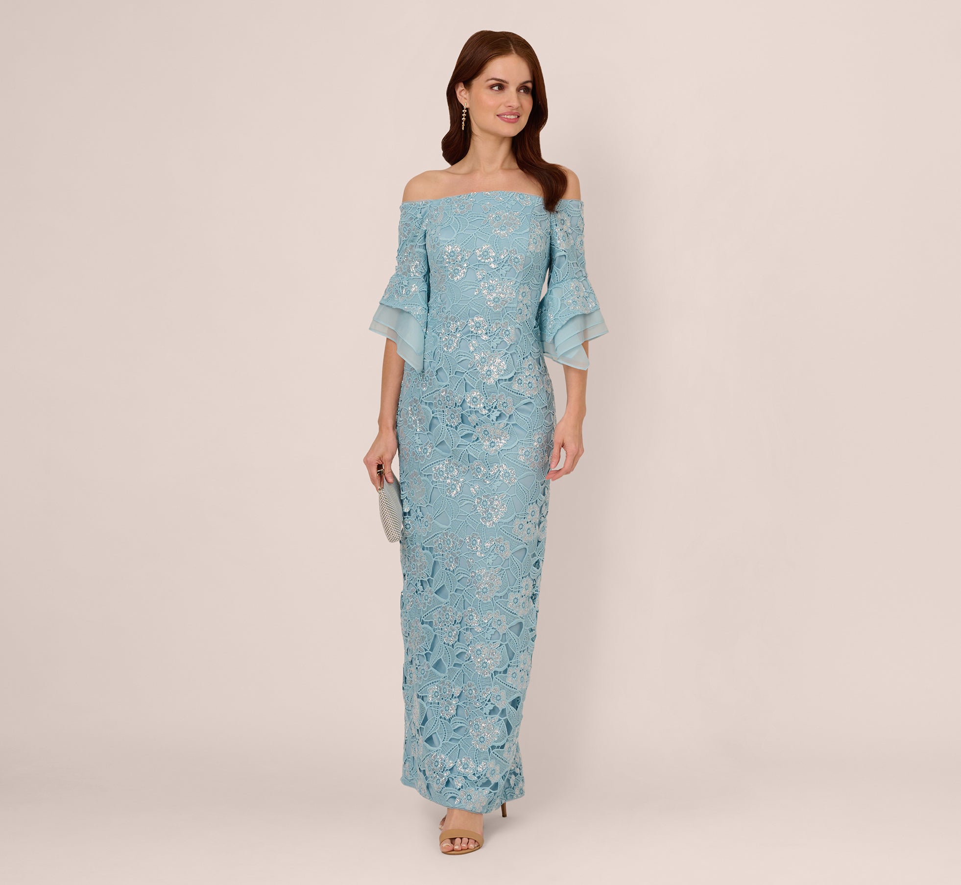 Off Shoulder Bell Sleeve Sequin Lace Gown In Airy Aqua Off Shoulder Bell Sleeve Sequin Lace Gown In Airy Aqua