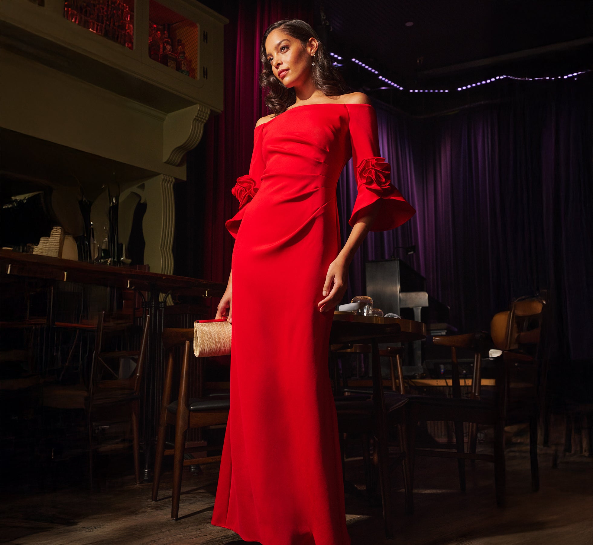 Adrianna Papell Off-shoulder Bell Sleeve Rosette Gown - Super Red Adrianna Papell Off-shoulder Bell Sleeve Rosette Gown - Super Red