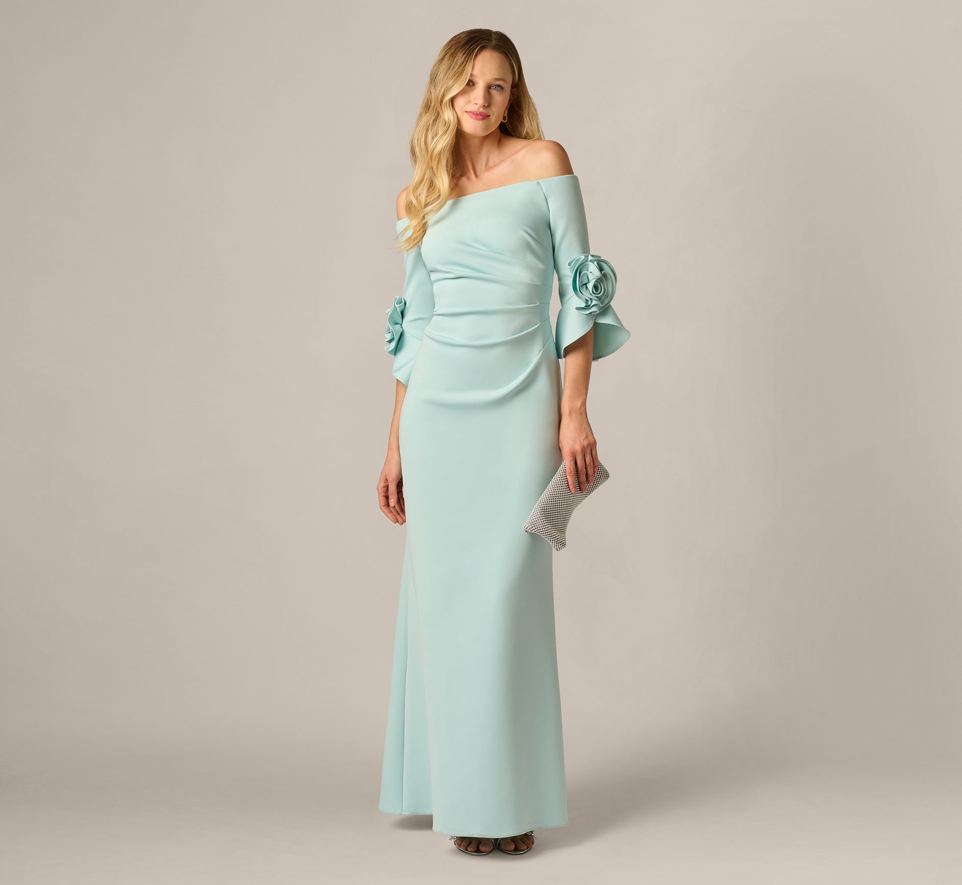 Light Blue Off Shoulder Bell Sleeve Rosette Gown - Adrianna Papell Light Blue Off Shoulder Bell Sleeve Rosette Gown - Adrianna Papell