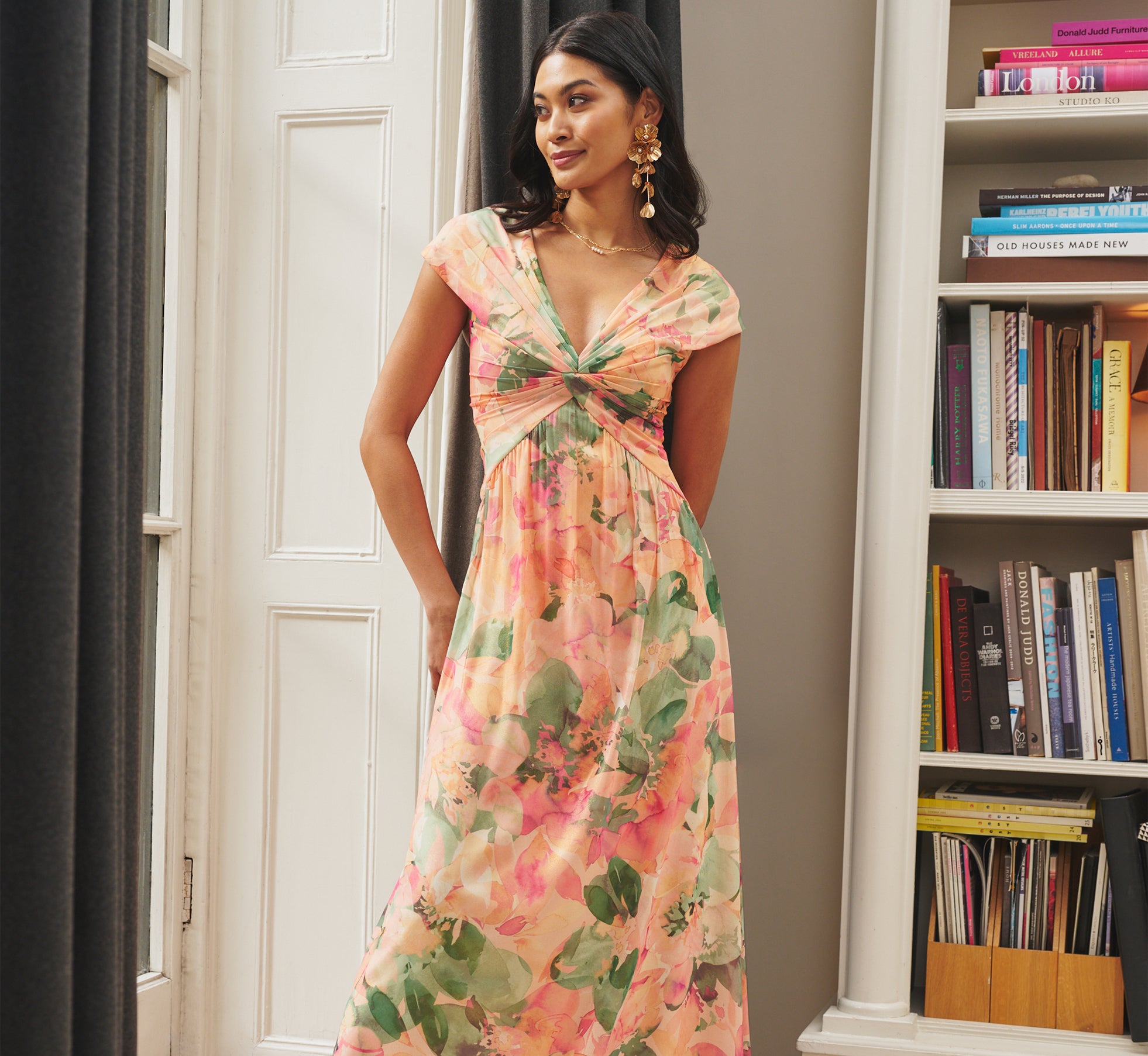 Printed Front Twist Gown In Blush Multi Printed Front Twist Gown In Blush Multi