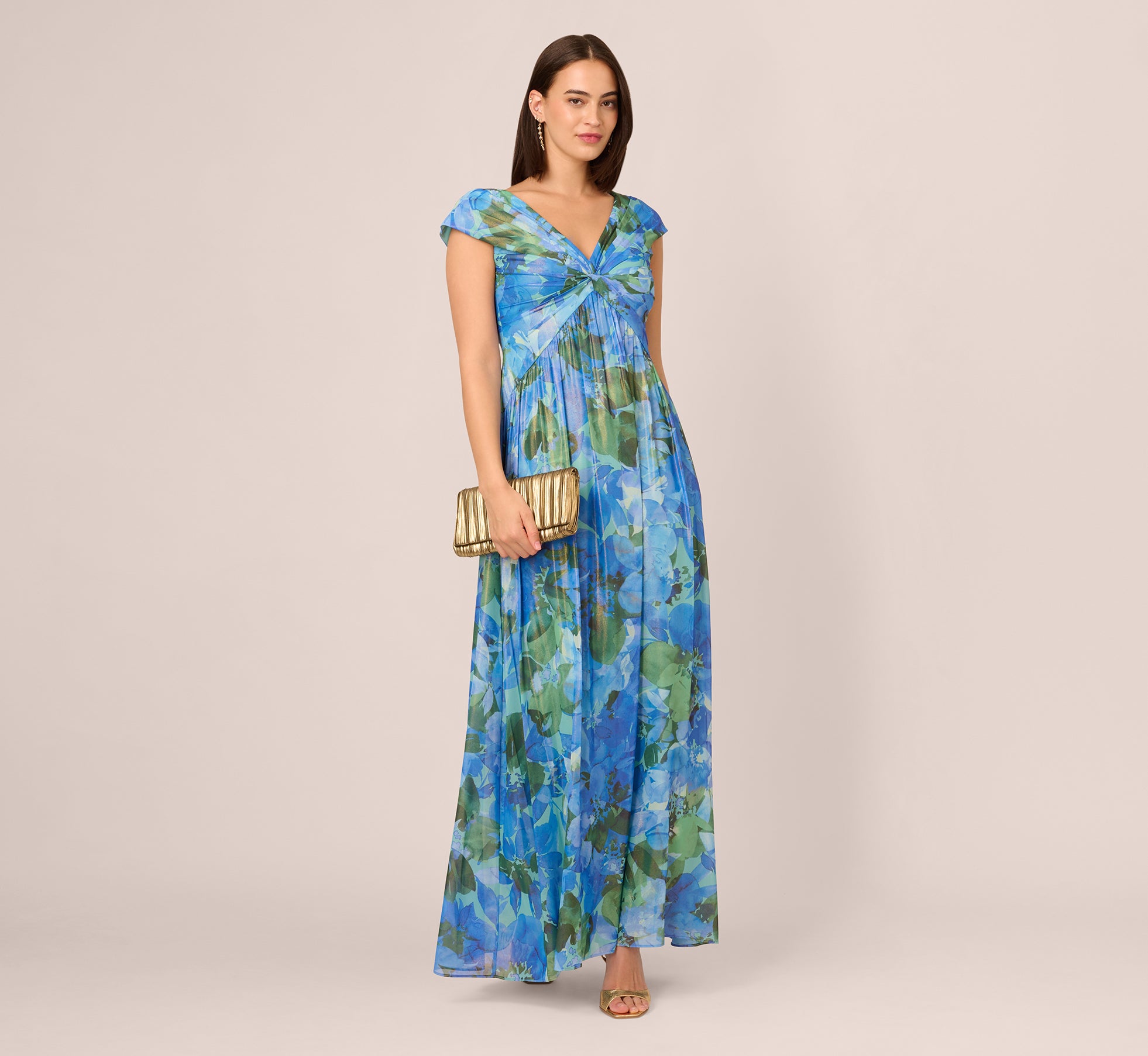 Printed Front Twist Gown In Green Blue Multi Printed Front Twist Gown In Green Blue Multi
