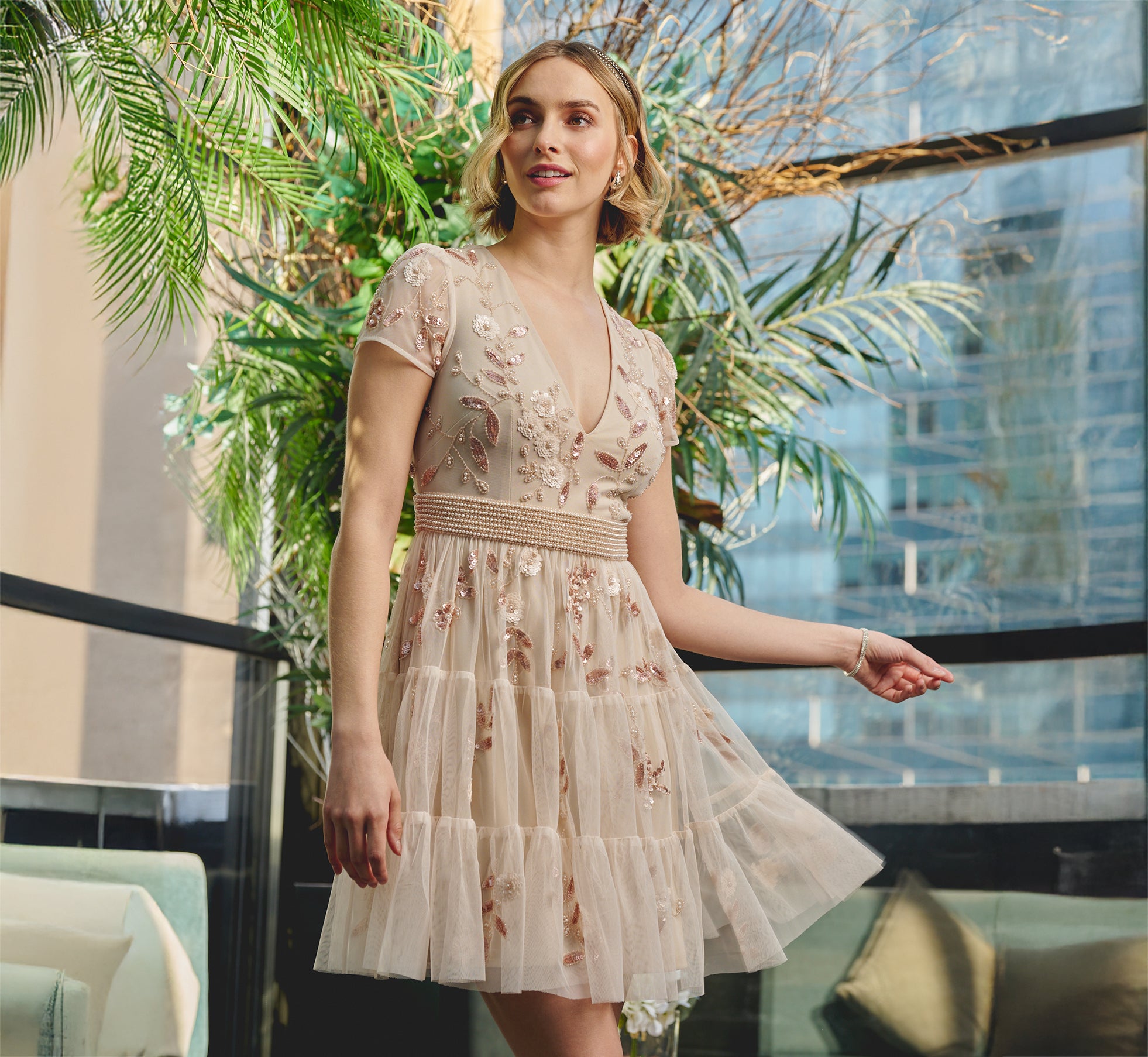 Cap Sleeve Pearly Sequin Cocktail Dress In Pale Pink Adrianna Papell